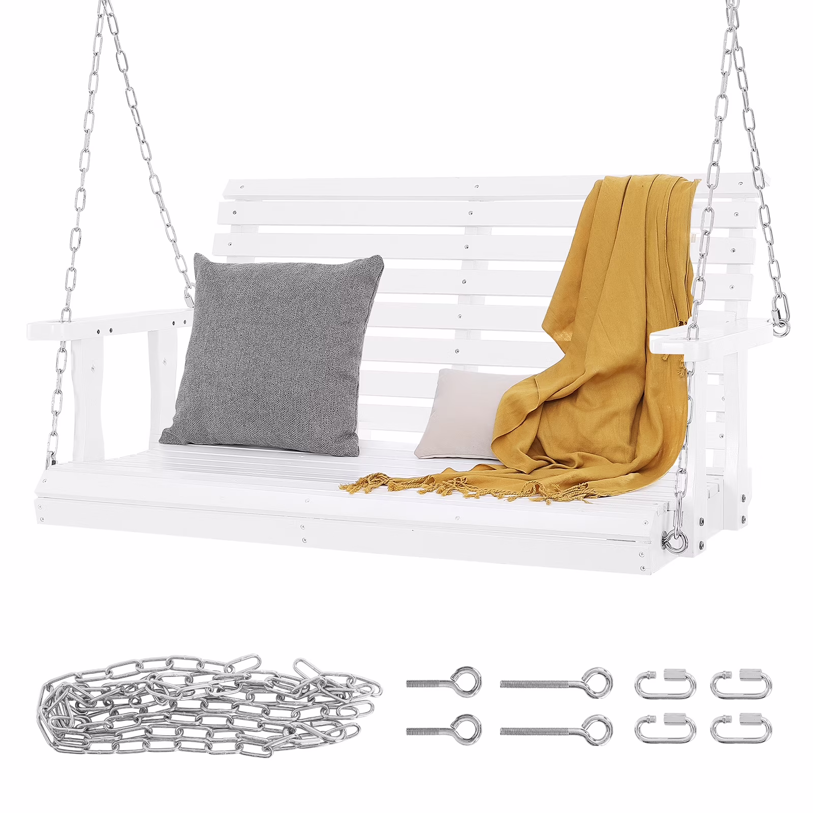 KFFKFF 48 Inch Wooden Bench Porch Swing Outdoor Garden Patio White