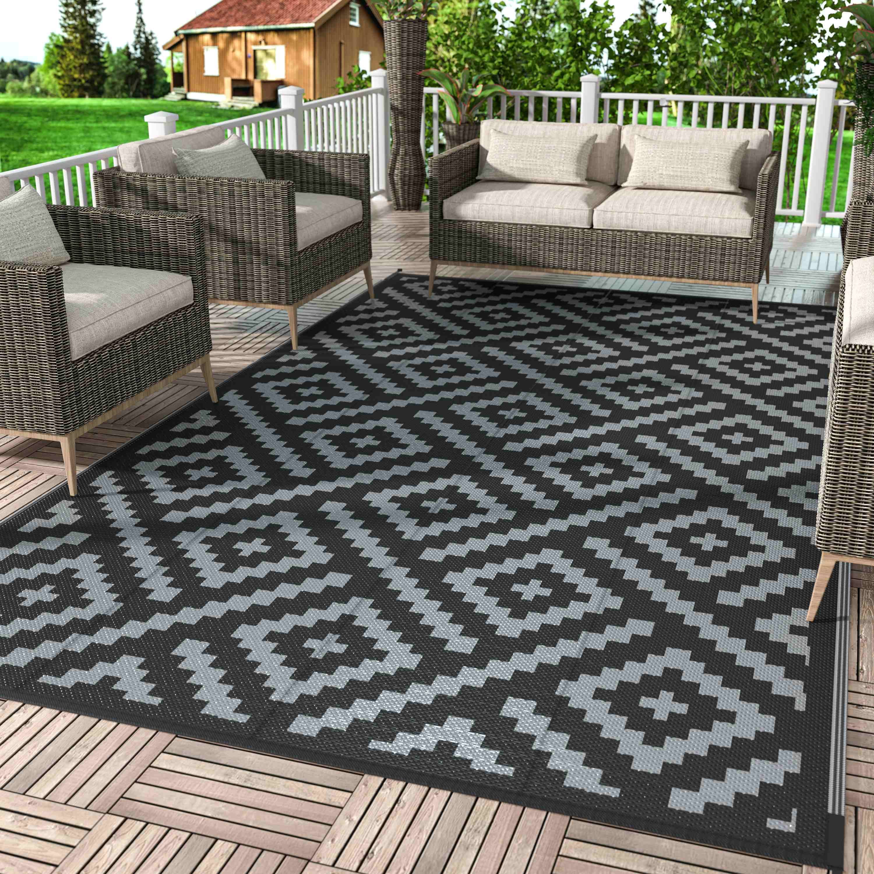DEORAB Outdoor Rug for Patio Clearance, Reversible Plastic Camping Rugs, 5'x8', Black & Gray, Size: 5' x 8'