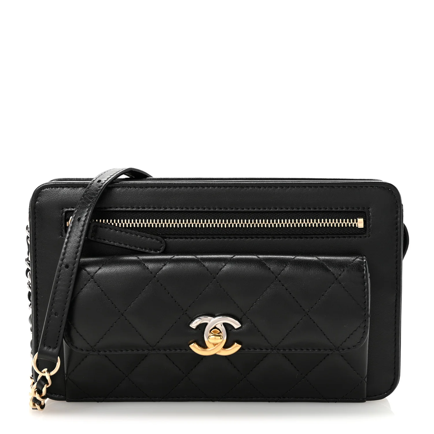 Lambskin Quilted Front Pocket Clutch With Chain Black