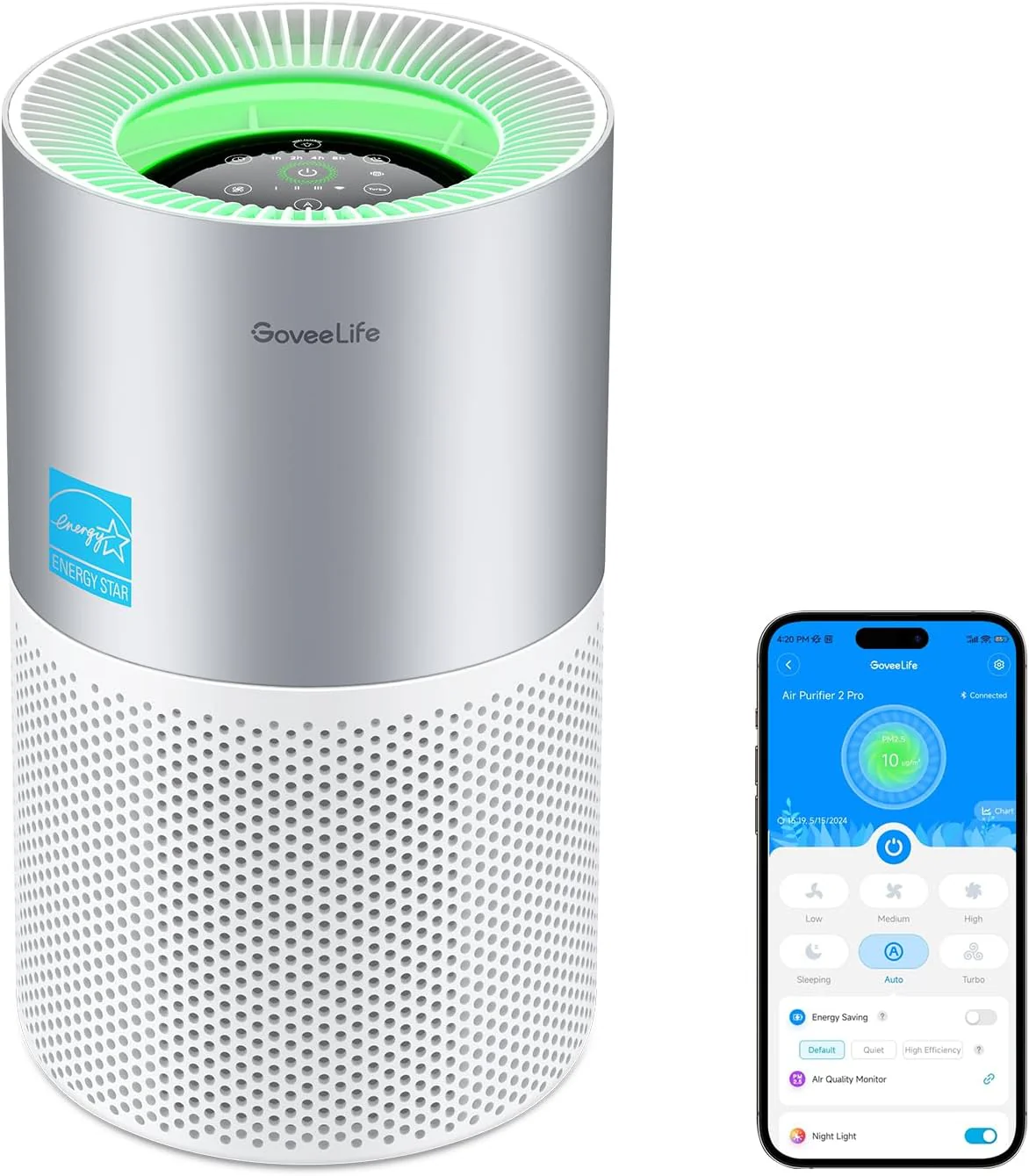 Purificateur d'air GoveeLife pour la maison, purificateur d'air intelligent pour grandes pièces avec application et contrôle Alexa, couvre jusqu'à 108 m², moniteur de qualité de l'air, purificateur d'air avec capteur PM2.5 pour poils d'animaux, polle