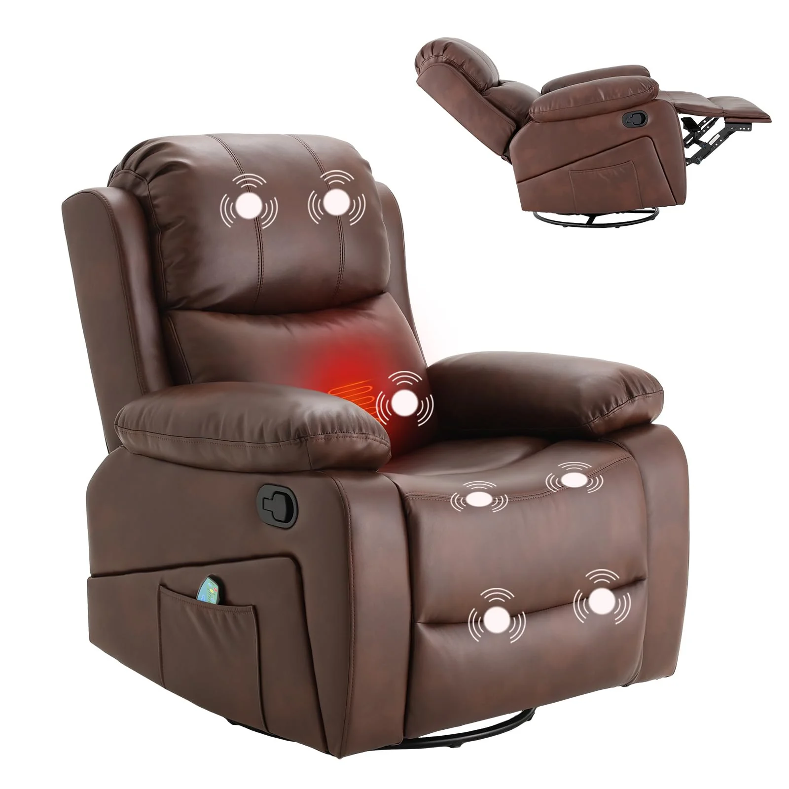 AECOJOY 360° Swivel Recliner Chair with Massage and Heat, Manual Reclining Leather Recliner Chair, Brown