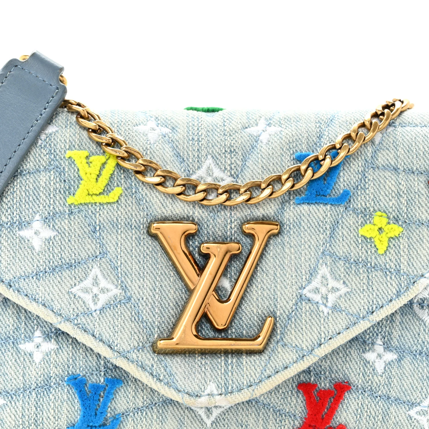 Embroidered Monogram Denim New Wave Chain Pochette Blue