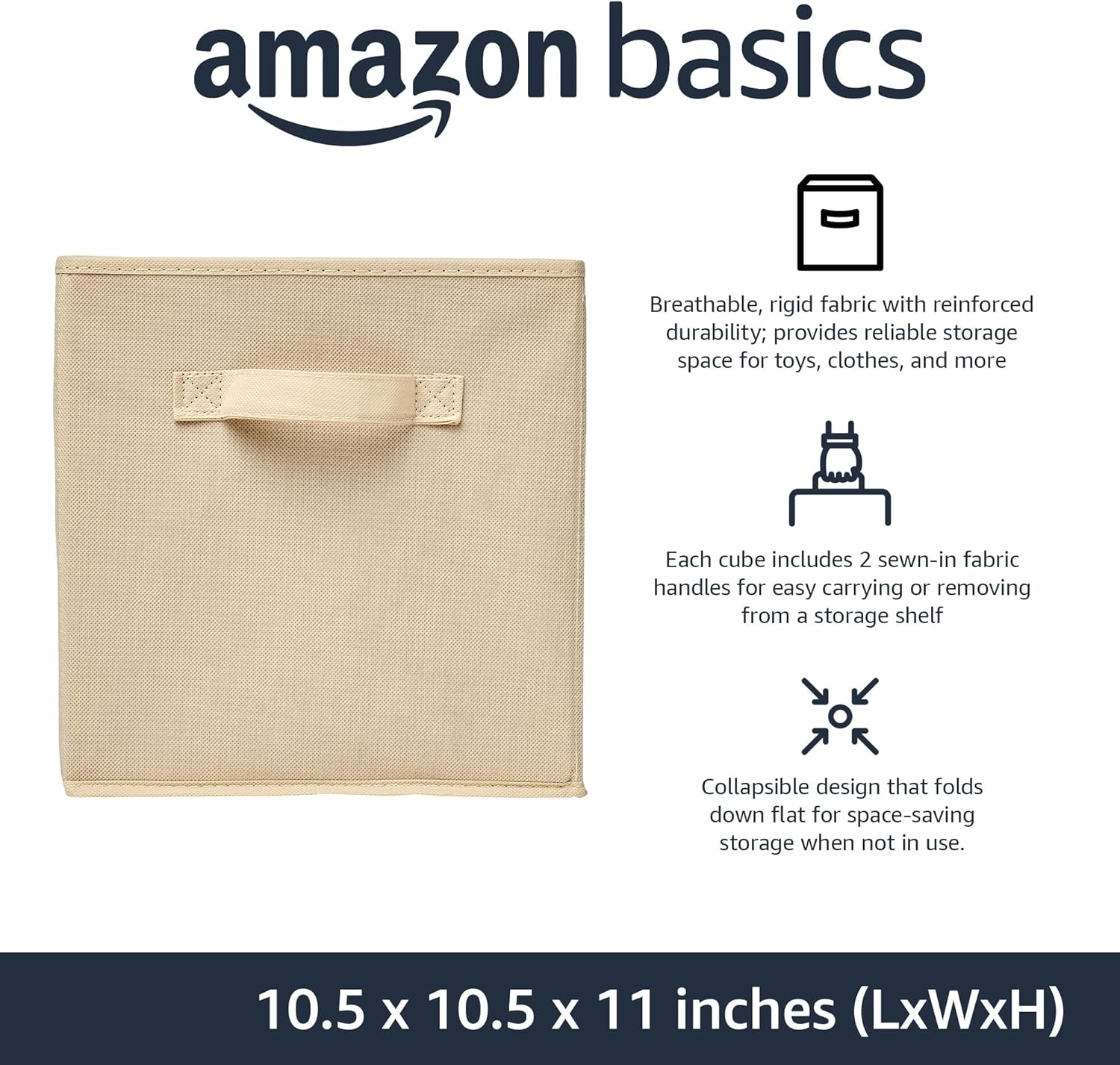 Amazon Basics Collapsible Fabric Storage Cubes Organizer with Handles, Sturdy Storage Bins for Organization, 10.5