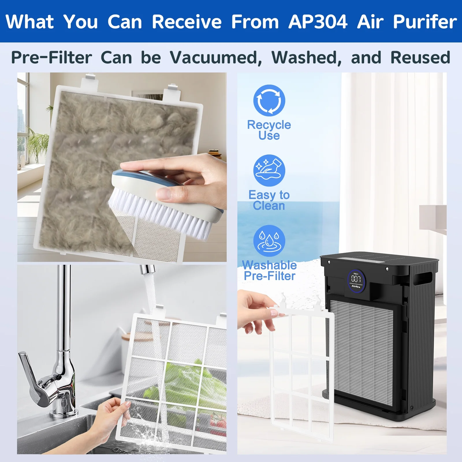 H14 HEPA Air Purifiers for Home up to 2215 Sq.ft, Air Purifier for Allergies and Asthma, Pollen, Wildfire/Smoke, Pet Dander Odor, Dust, AP304, White(AP304(Normal Version)) - Image 9