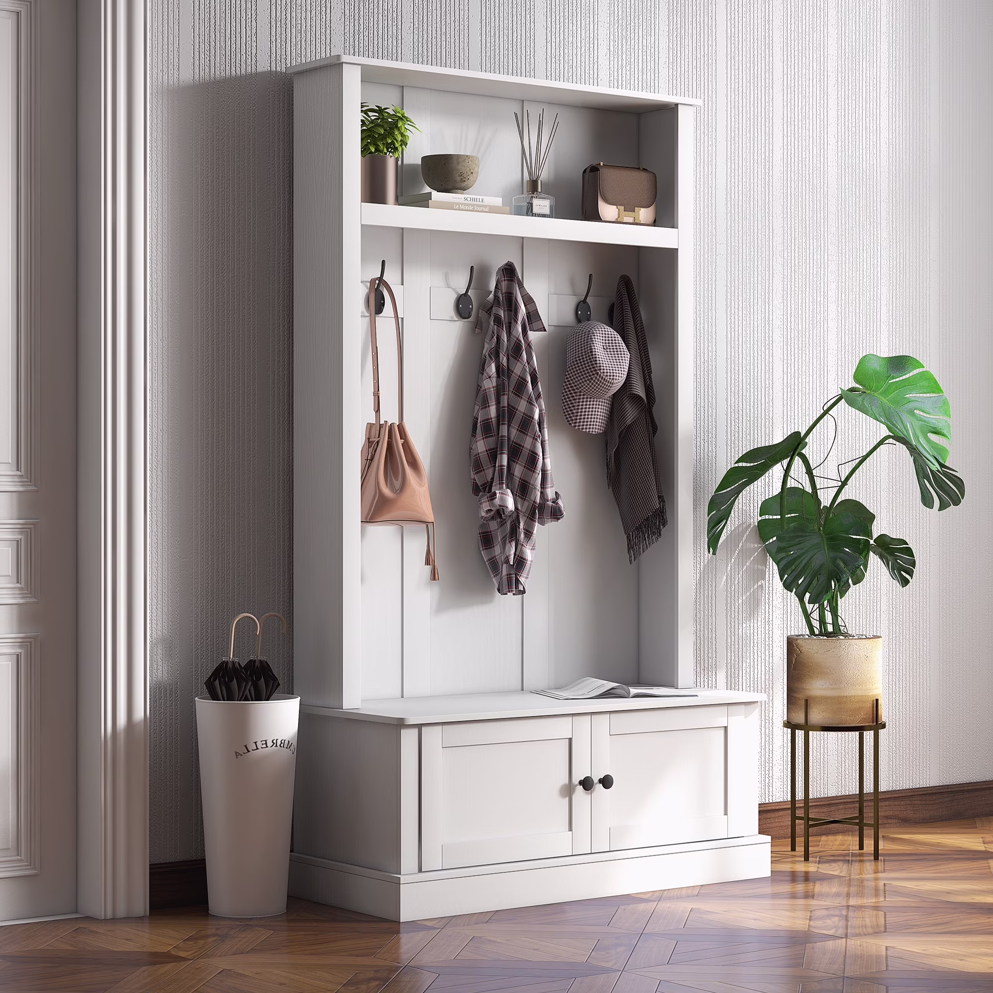 Hall Tree, Entryway Bench w/ Coat Rack, Shoe Cabinet, Black(Black) - Image 5