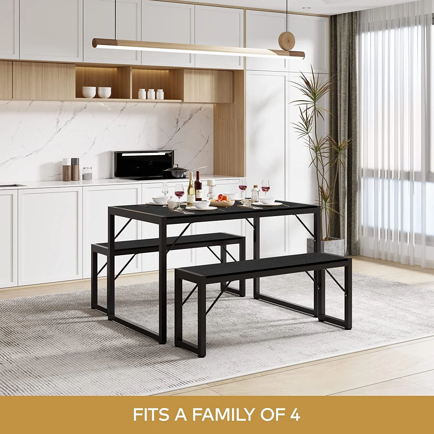 Dining Table Set for 4 People with 2 Benches, Dinette Set, 550 lb, Black