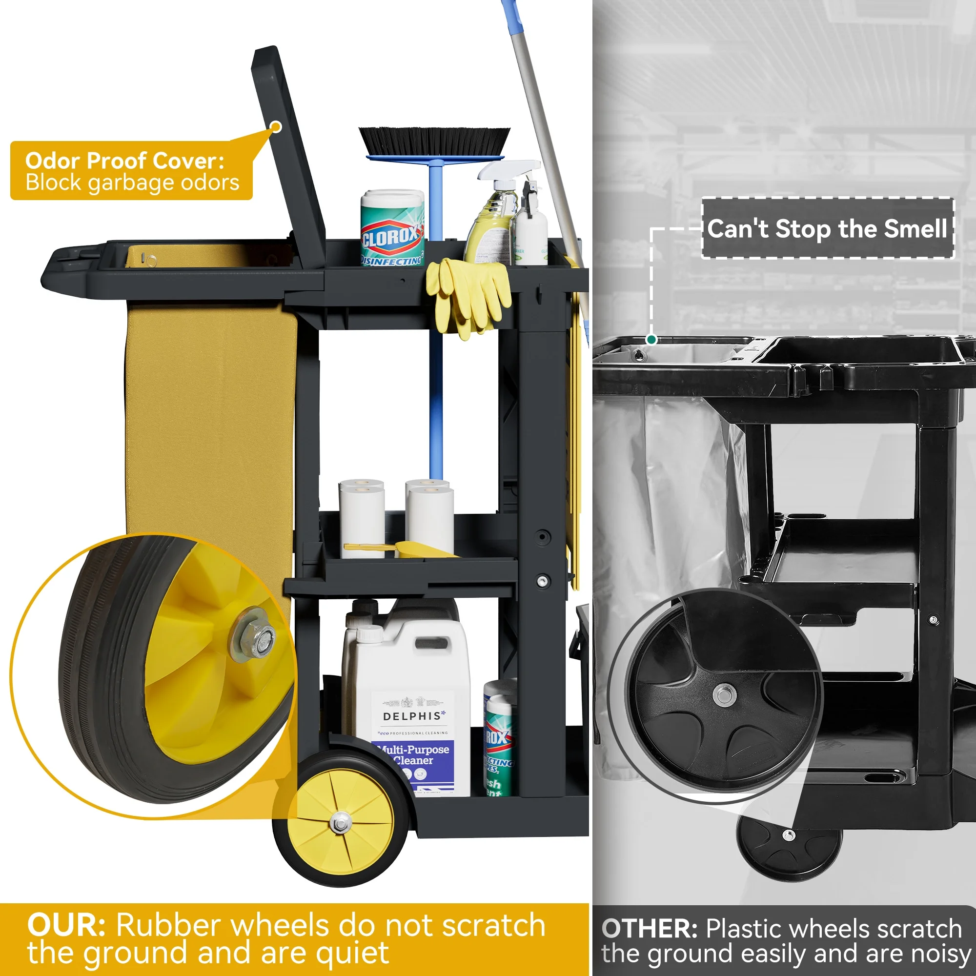 Commercial Janitorial Trolley Cleaning Cart, 25 Gallon Capacity with Cover, for Housekeeping Facility Maintenance, Black(Black) - Image 6