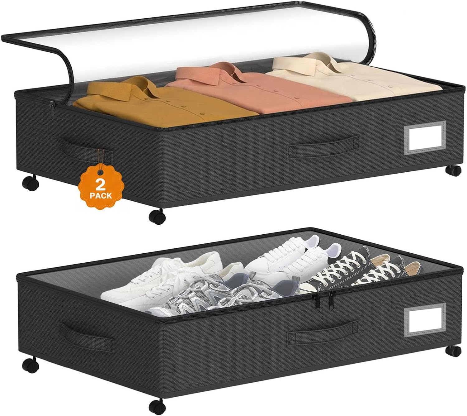 Under Bed Storage with Wheels 2-Pack, Under Bed Storage Containers, Underbed Box with Clear Lids, Rolling Underbed Storage Bins for Shoes, Clothes, Blankets (25