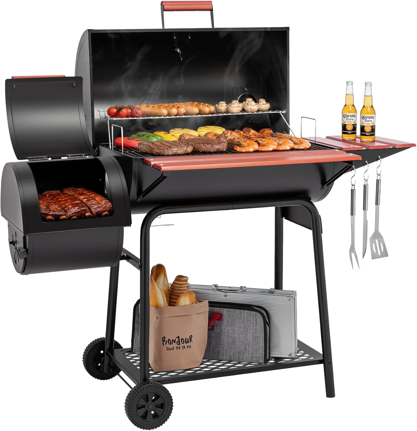 Royal Gourmet CC1830W 30-Inch Charcoal Grill with Offset Smoker and Wood-Painted Side Table Outdoor Smoker Grill with 811 Sq. In. Cooking Area for Outdoor Barbecue Event Black