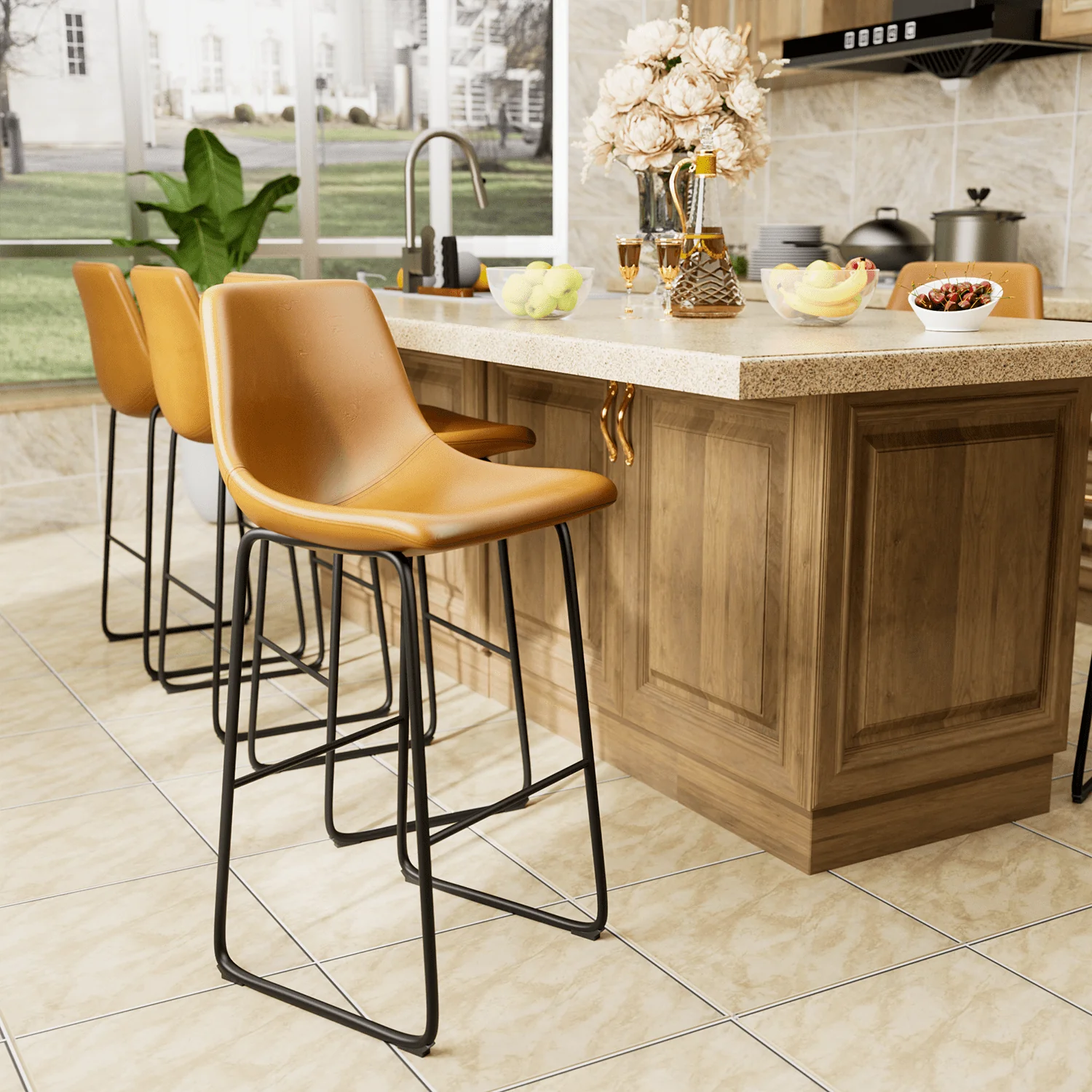 Homall Barstools High PU Leather Counter Bar Stool With Back and Footrest Set of 2, Light Brown(Black)
