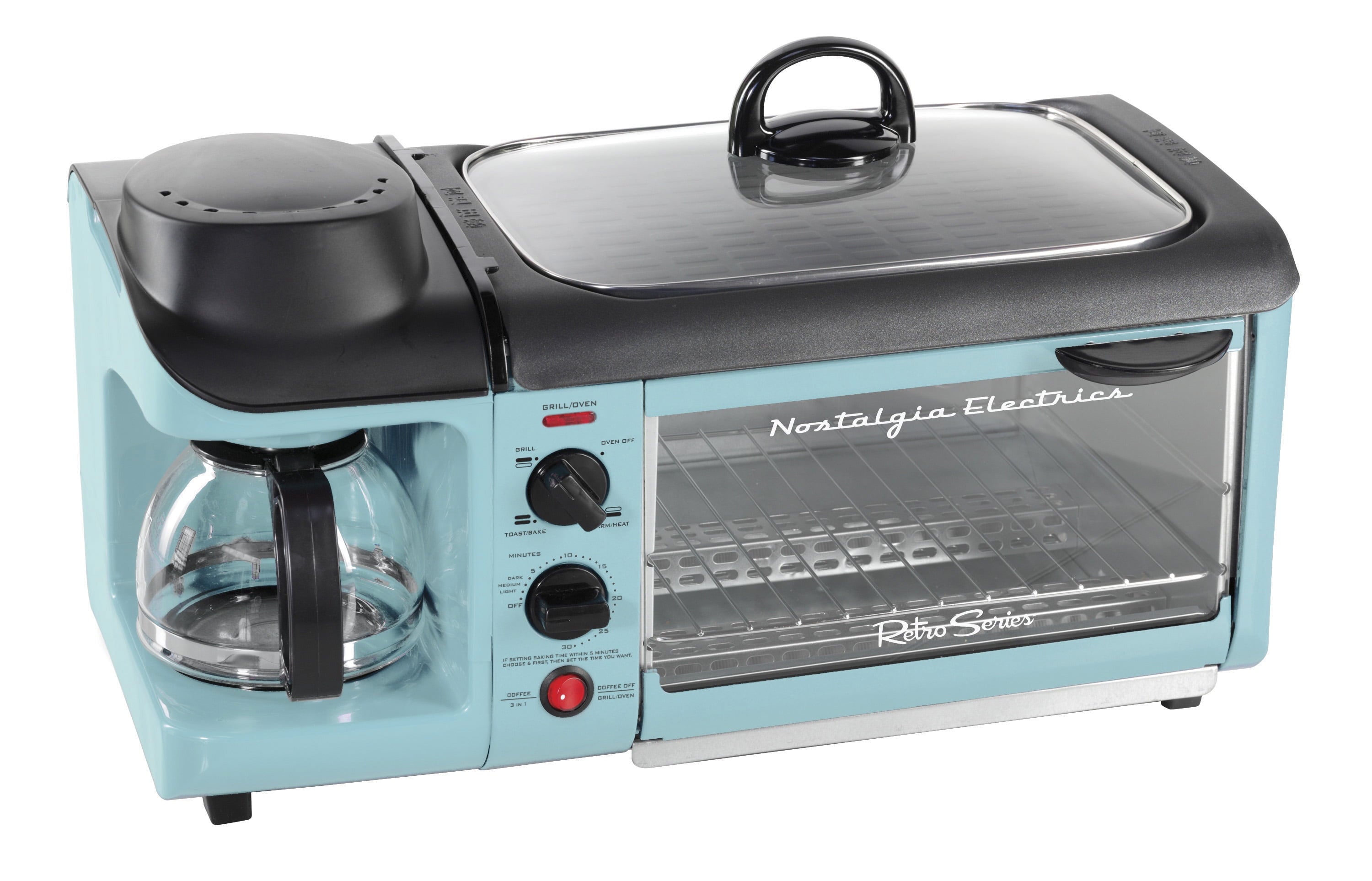 BST3AQ Retro 3-in-1 Family Size Electric Breakfast Station. Coffeemaker. Griddle. Toaster Oven - Aqua