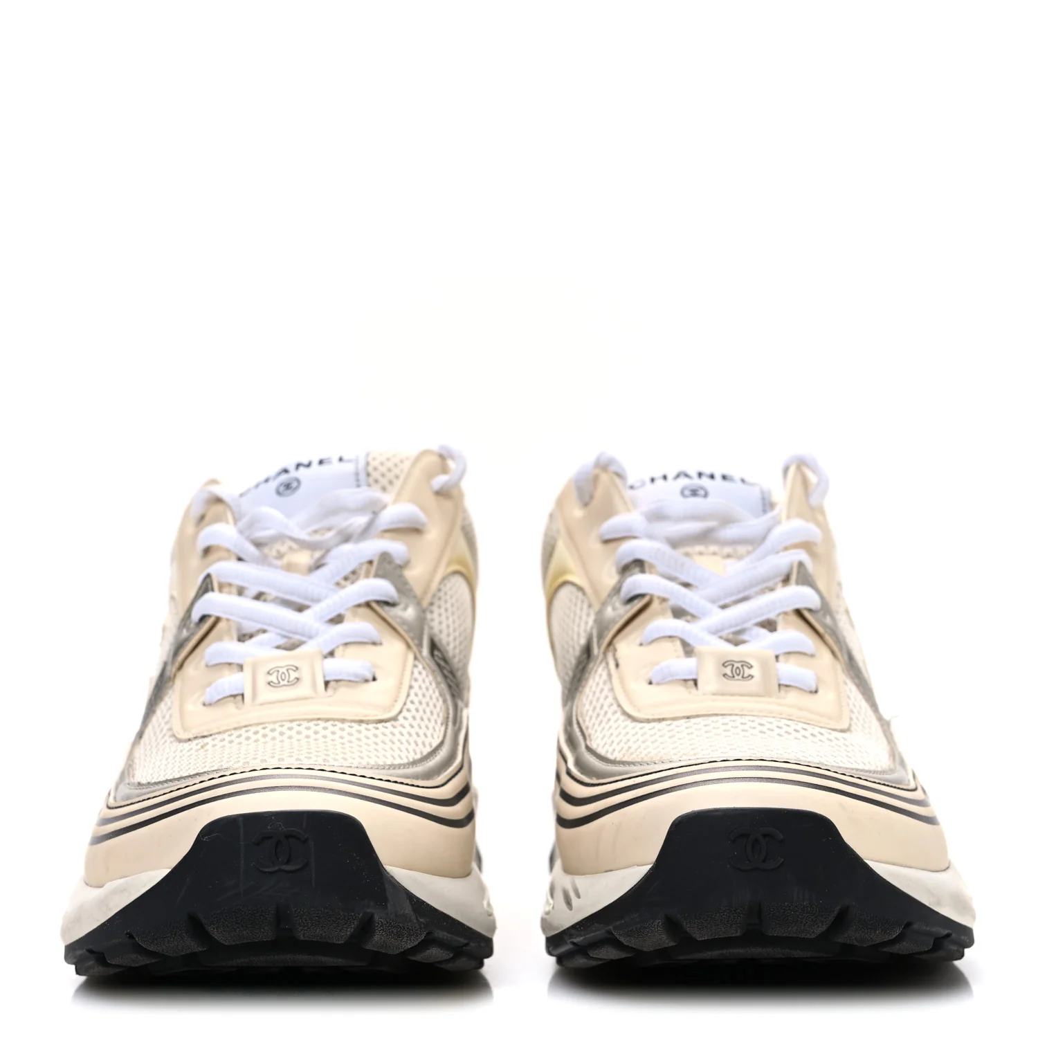 Fabric Laminated Calfskin Stretch CC Sneakers 41 Ivory White Silver