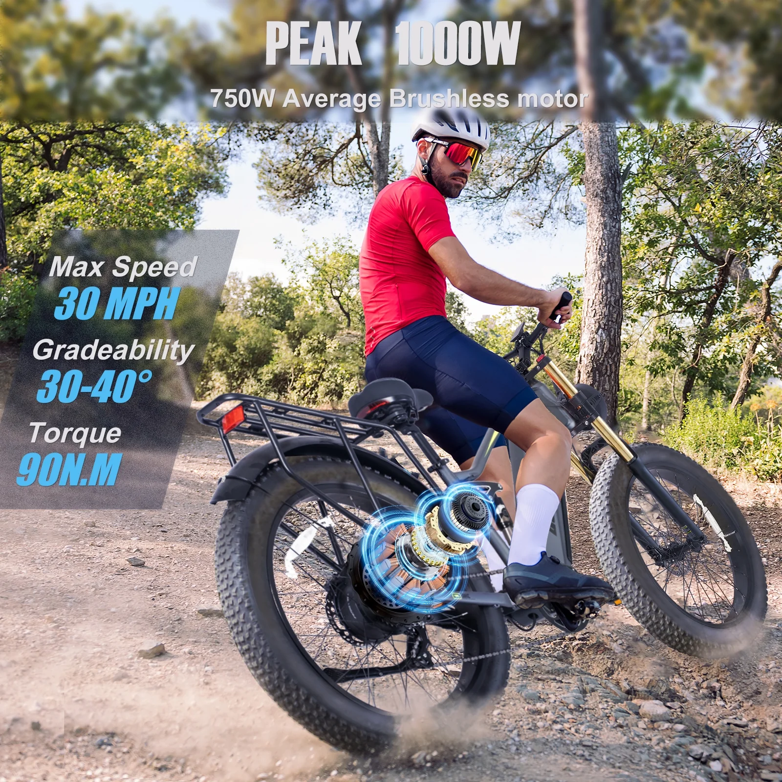 Electric Bike for Adults 26'', 1000W E-Mountain Bike 48V 30/20Ah UL2849 Removable Battery,Fat Tire Ebike up to 30MPH Off Road Beach Snow Electric Bicycles Full Suspension Dual Hydraulic Disc Brakes(RX80 20Ah) - Image 2