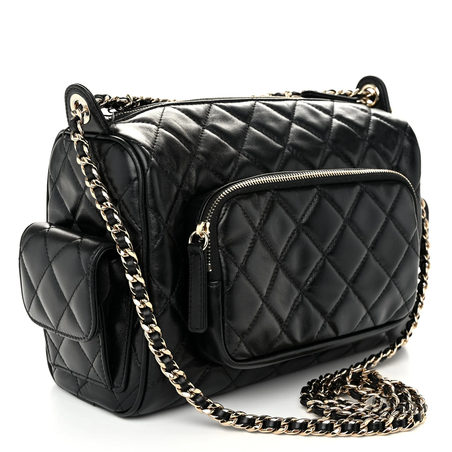 Shiny Crumpled Lambskin Quilted Medium Preppy Pocket Camera Case Black