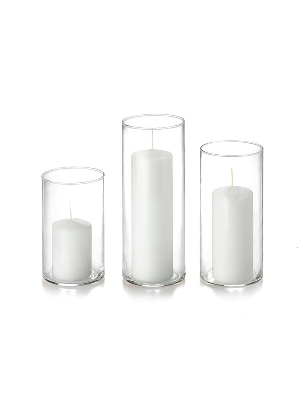 Yummi Set of 36 Slim Pillar Candles and Cylinder Vases - White