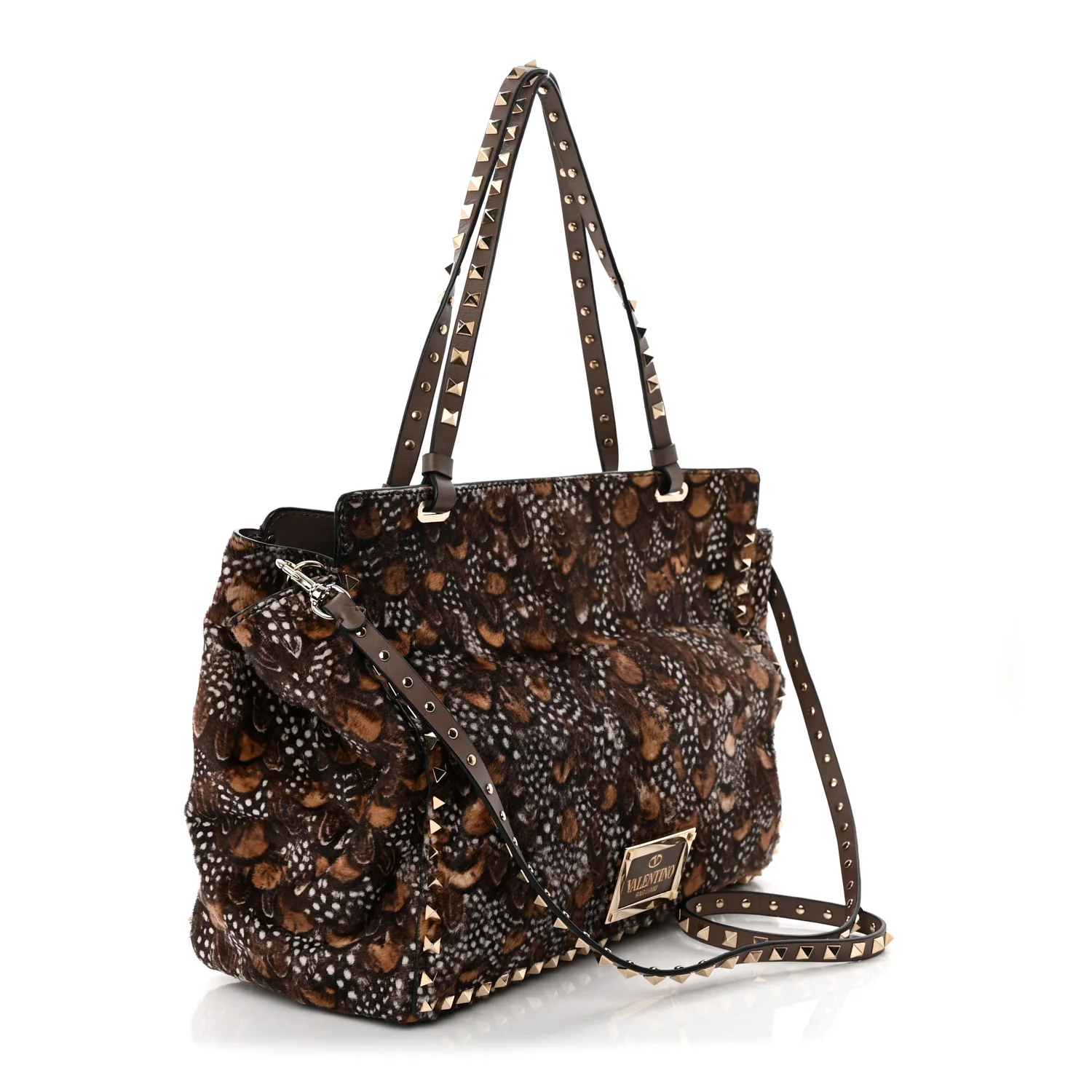 Calf Hair Feather Medium Rockstud Tote Brown