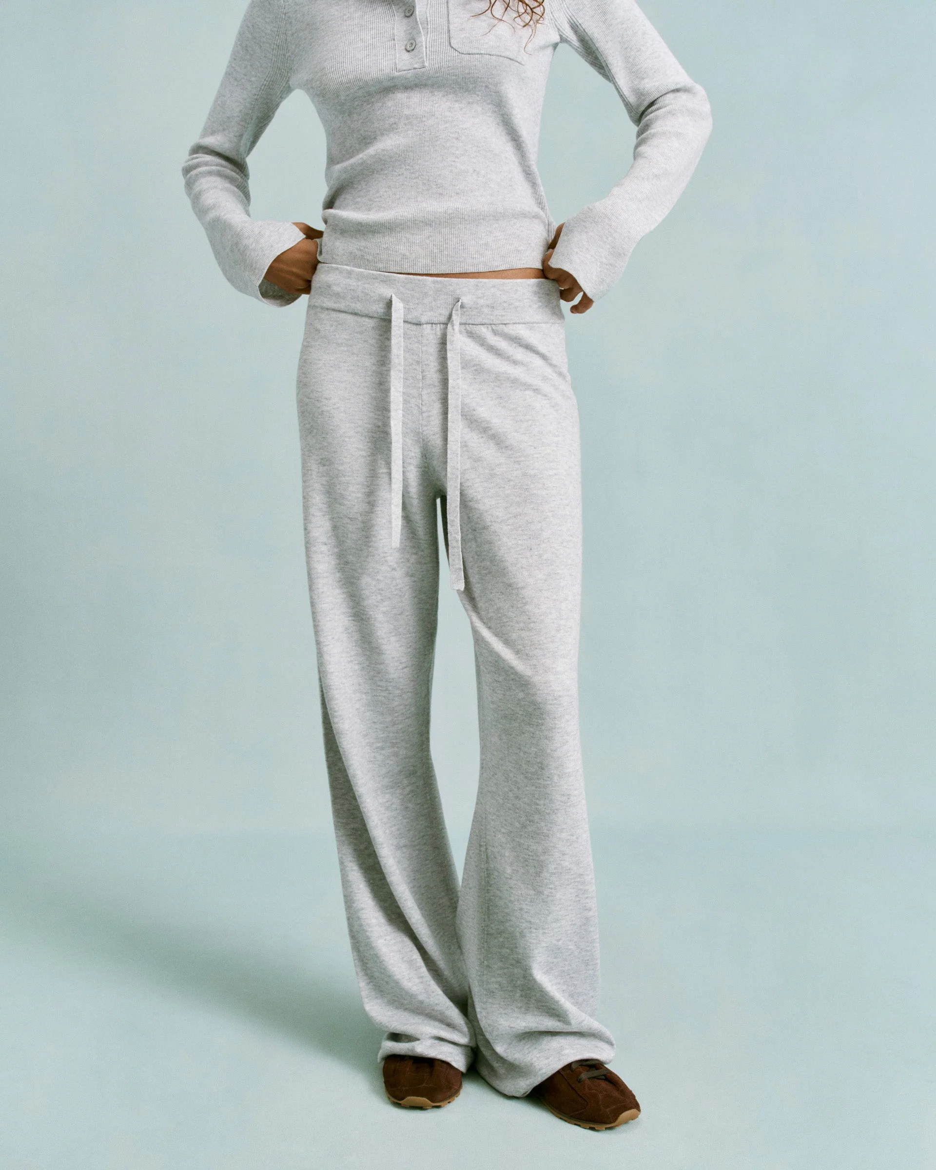 Knit Straight Leg Trousers - Light Grey Melange
