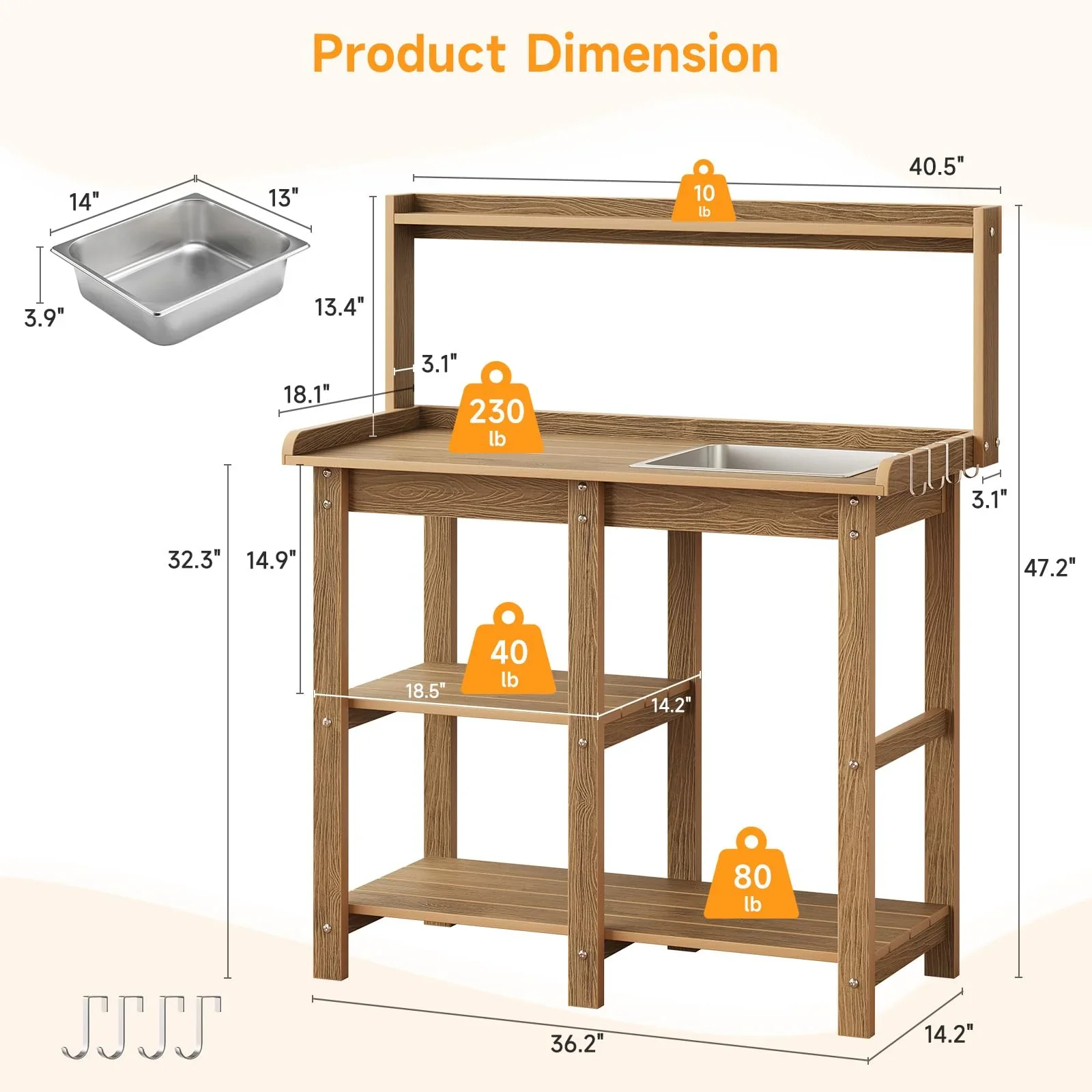 Onbrill Potting Bench, Outdoor Wooden Potting Bench Table w/Removable Sink, 4 Side Hooks for Garden