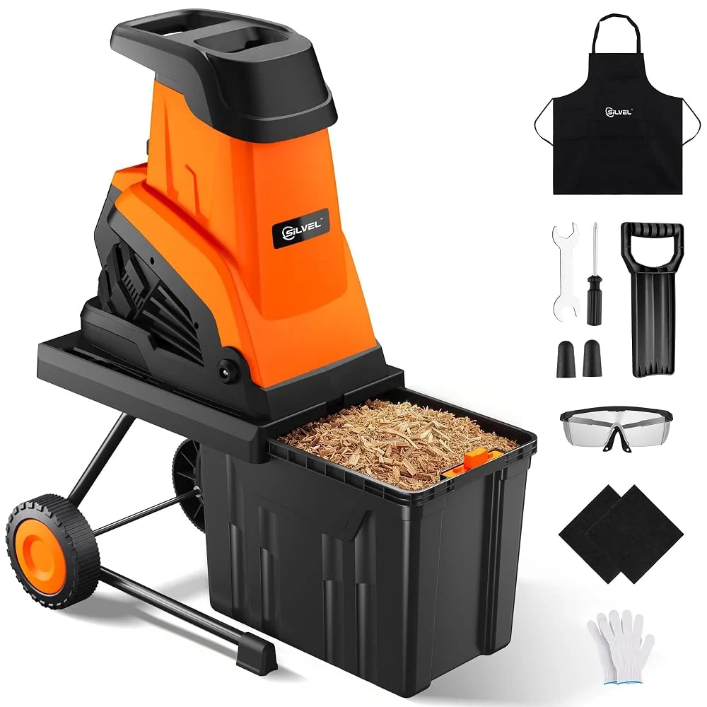 SILVEL Wood Chipper Shredder, 1800W Cutting Diameter of 1.77 inch with 10 Gallon Large Collection Bin, 15-Amp Electric Wood Chipper Shredder for Quick Cleanup, Branches, Garden Waste, Amber