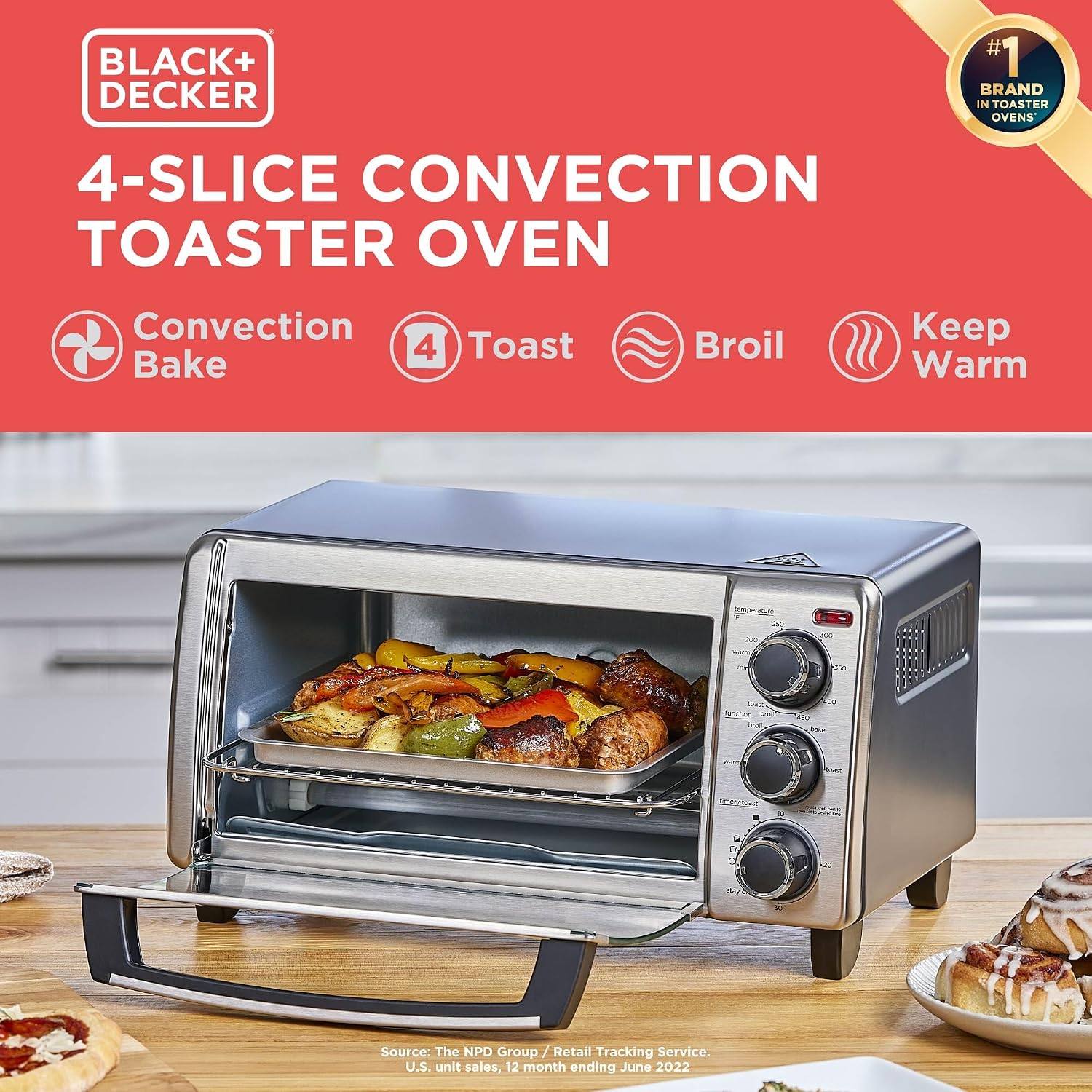 BLACK+DECKER TO1313SBD Toaster Oven, 15.47 Inch, Silver| Compact convection oven fits a 9-inch pizza with timer, stay-on function and removable crumb tray