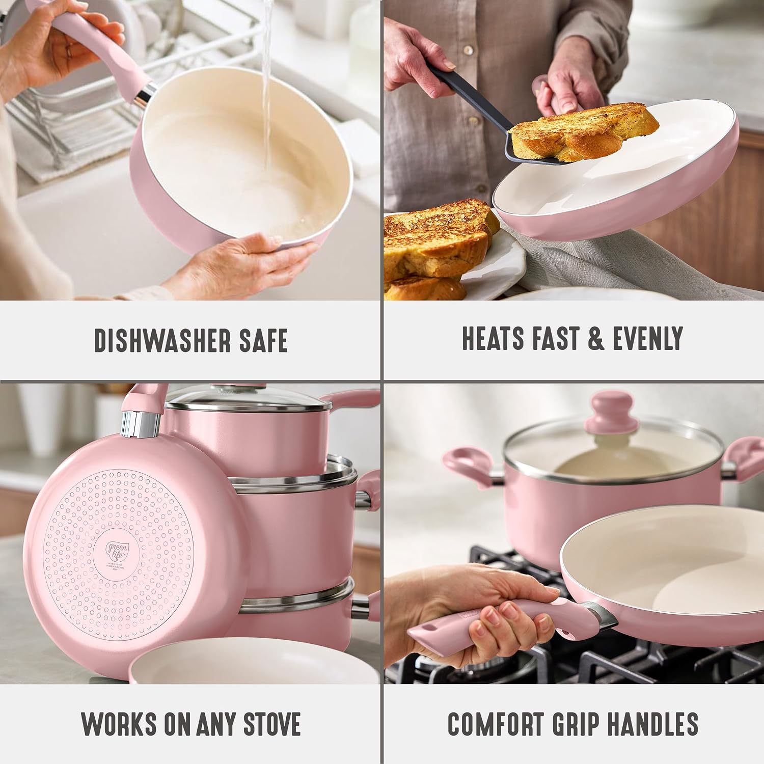 GreenLife 16pc Ceramic Nonstick Pots & Pans Cookware Set, Blush Pink