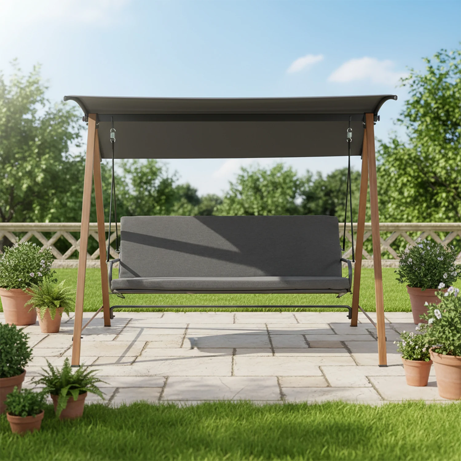 VESTIAMO CASA GIARDINO - Dondolo da giardino struttura in Acciaio Effetto Legno e seduta in textilene grigio - h170x190x128 cm
