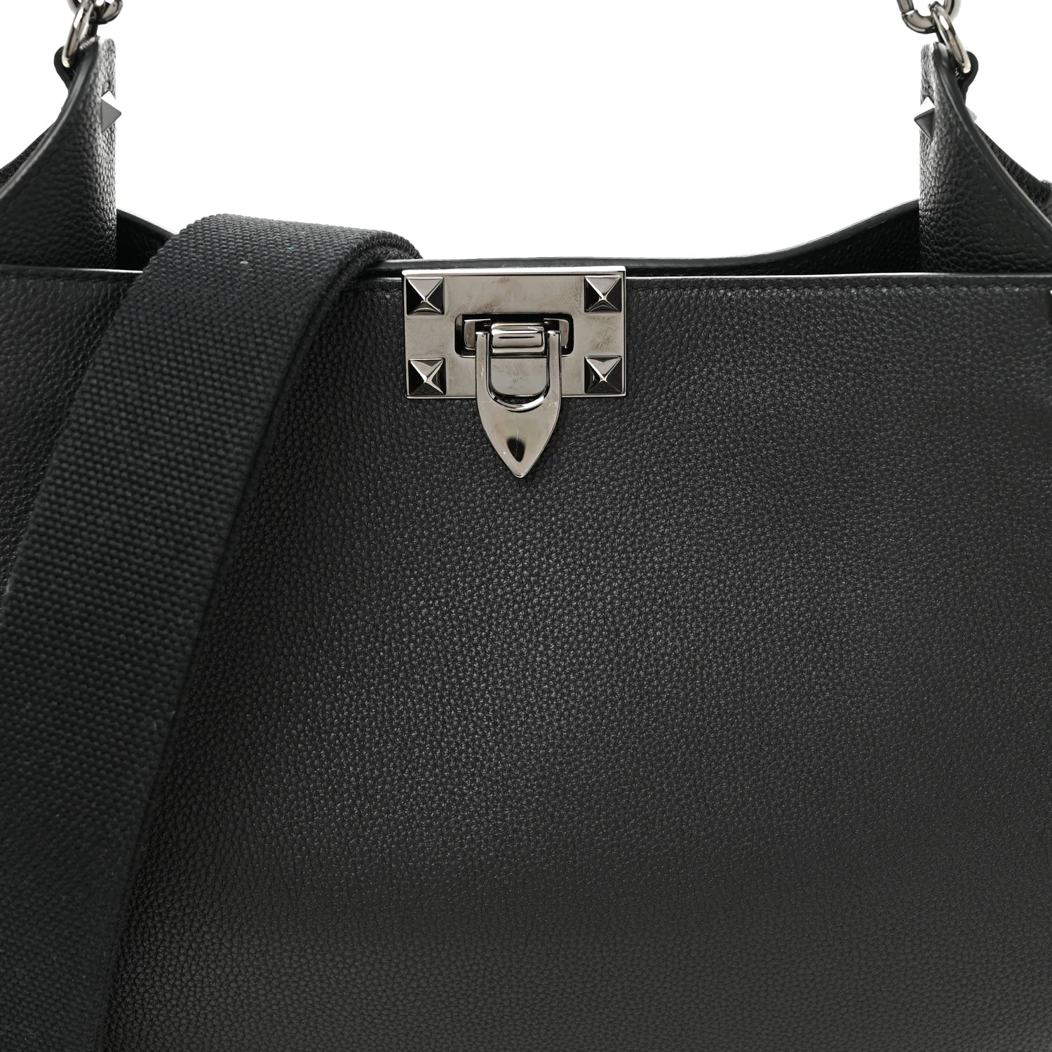 Grained Calfskin Rockstud Hobo Shoulder Bag Black