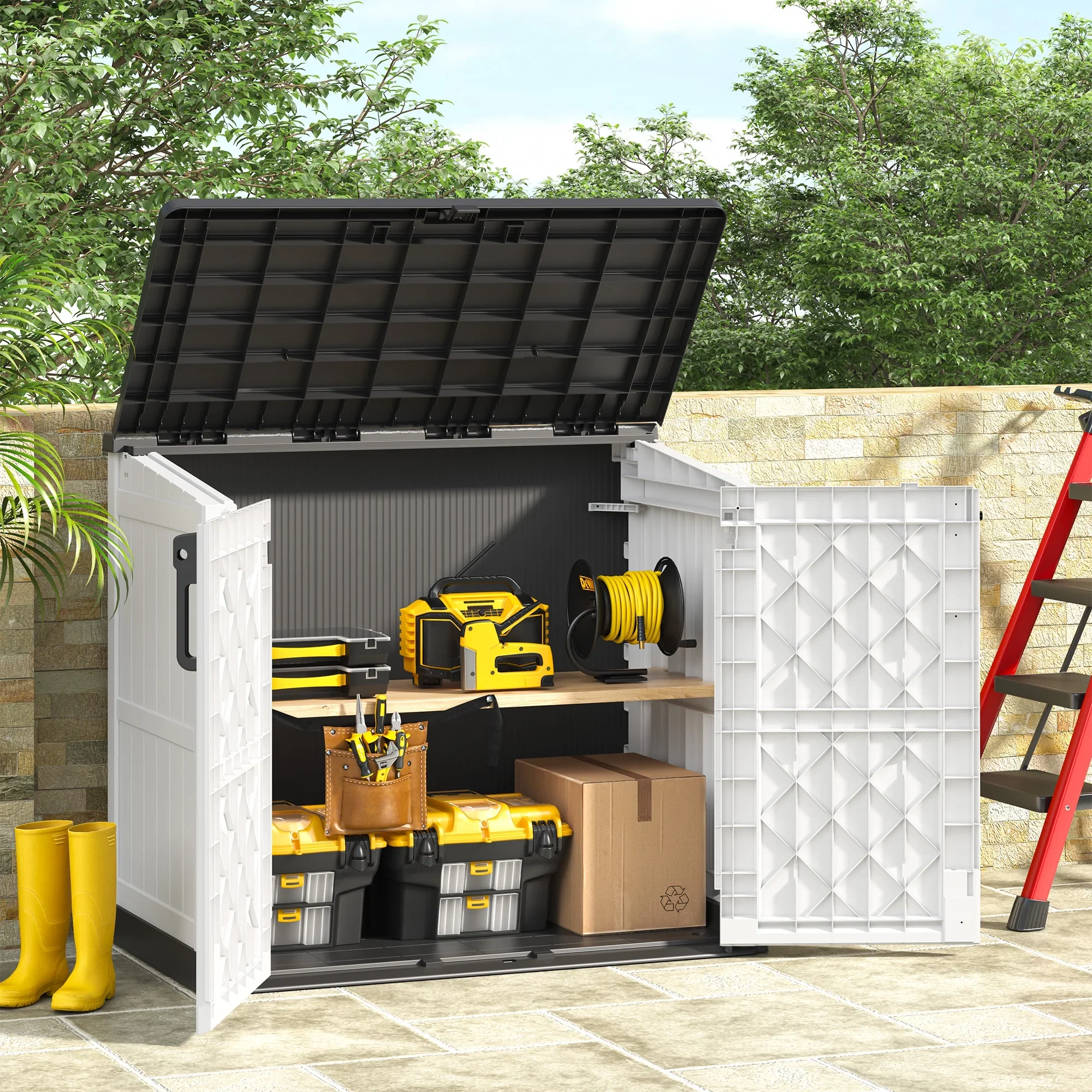 LHBCraft Outdoor Resin Storage Shed, 34 Cu. Ft. Weather-Resistant Garden Storage Box, Extra-Large Lockable Waterproof Shed for Bikes, Lawnmowers, and Garden Tools