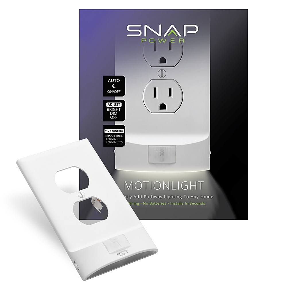 SnapPower MotionLight for Duplex Outlets: Built-In LED Night Lights, Motion Detecting Sensor, Bright/Dim/Off Options Wall Plate - White (2 Pack)