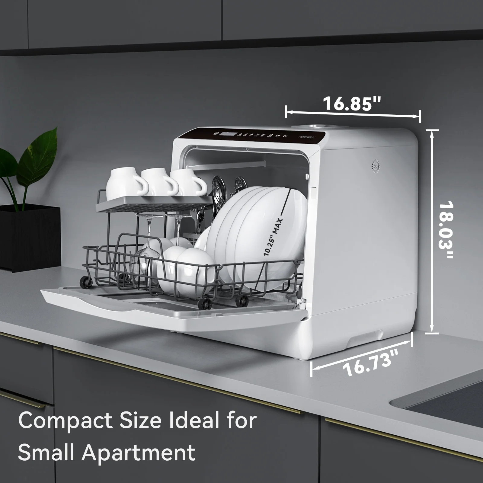 Portable Countertop Dishwasher, 5 Washing Programs, 5L Built-in Water Tank and Air-Dry Function, HMX-DW03(Glass Door) - Image 2