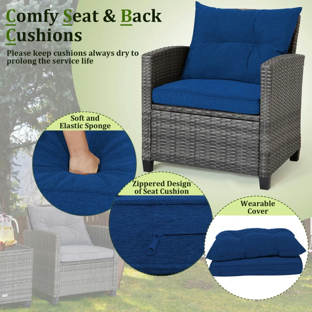 Outdoor Seating Sets,Garden Conversation Sets,3 Pieces Outdoor Wicker Conversation Set with Tempered Glass Tabletop-Navy - Image 4