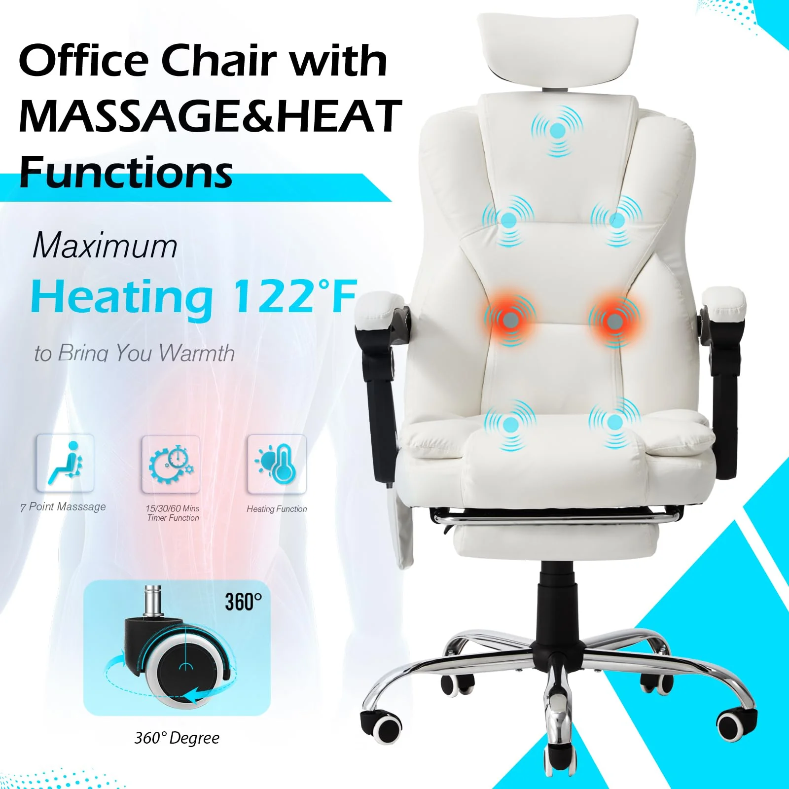 AECOJOY Office Chair with 7 Points Vibration Massage&Heat, Adjustable Ergonomic Recliner, Cream White