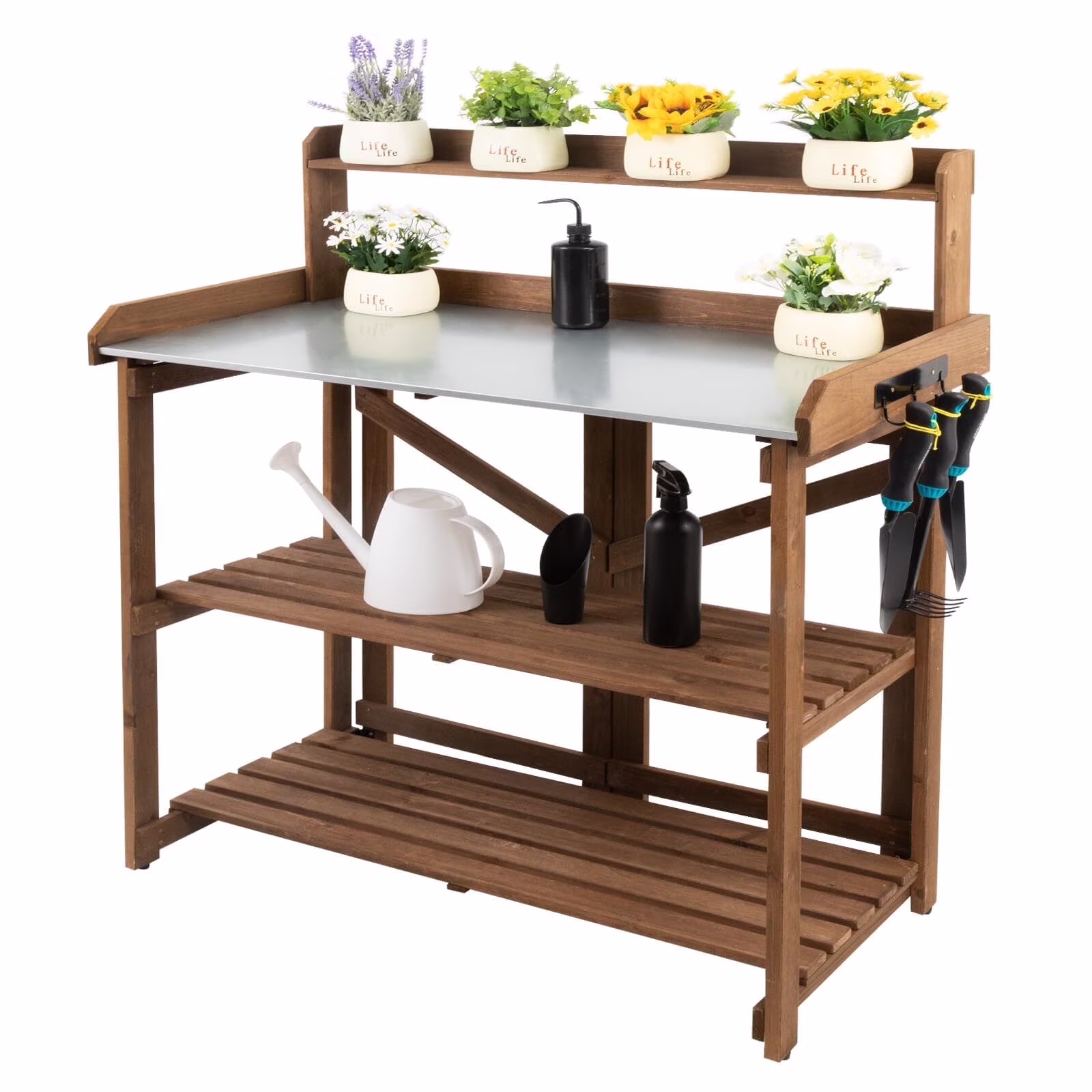 Outdoor Wooden Folding Potting Bench Table, Fir Wood Garden Workstation with Galvanized Tabletop, 2 Tier Storage Shelves, Brown(35"Lx17.3"Wx46"H)