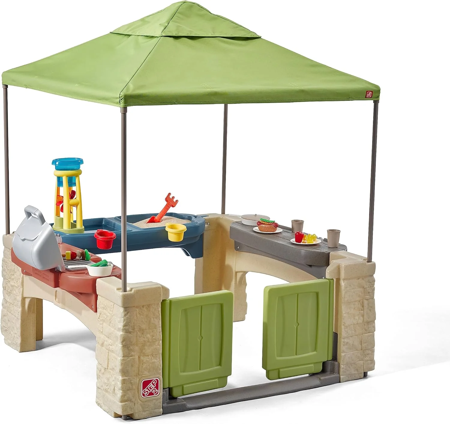Terrasse de jeux polyvalente avec auvent, ensemble de cuisine intérieure et extérieure pour enfants