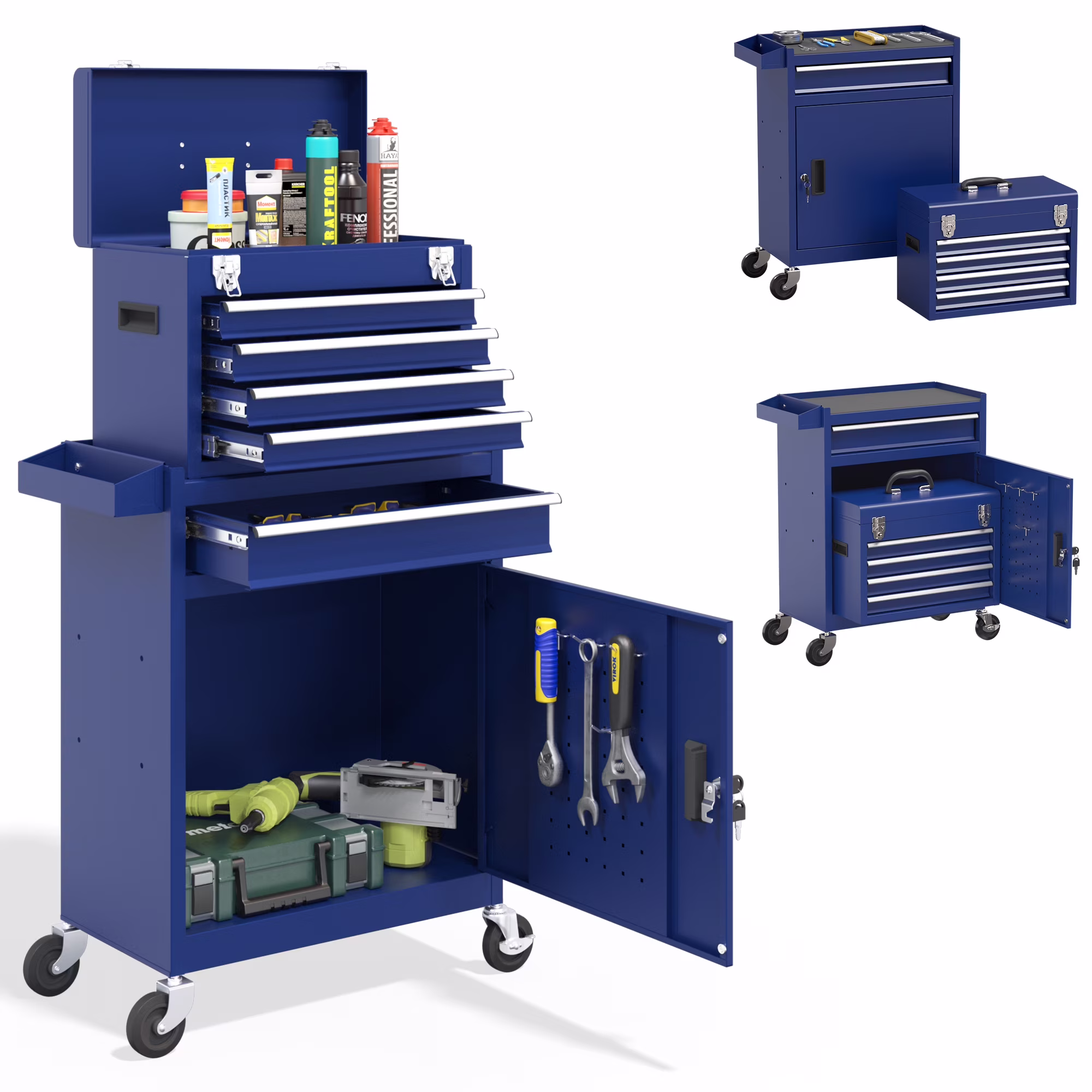 5 Drawer Mechanic Tool Chest with Wheels Heavy Duty Rolling Tool Box Cabinet Keyed Locking System Toolbox Organizer for Workshop Darkblue