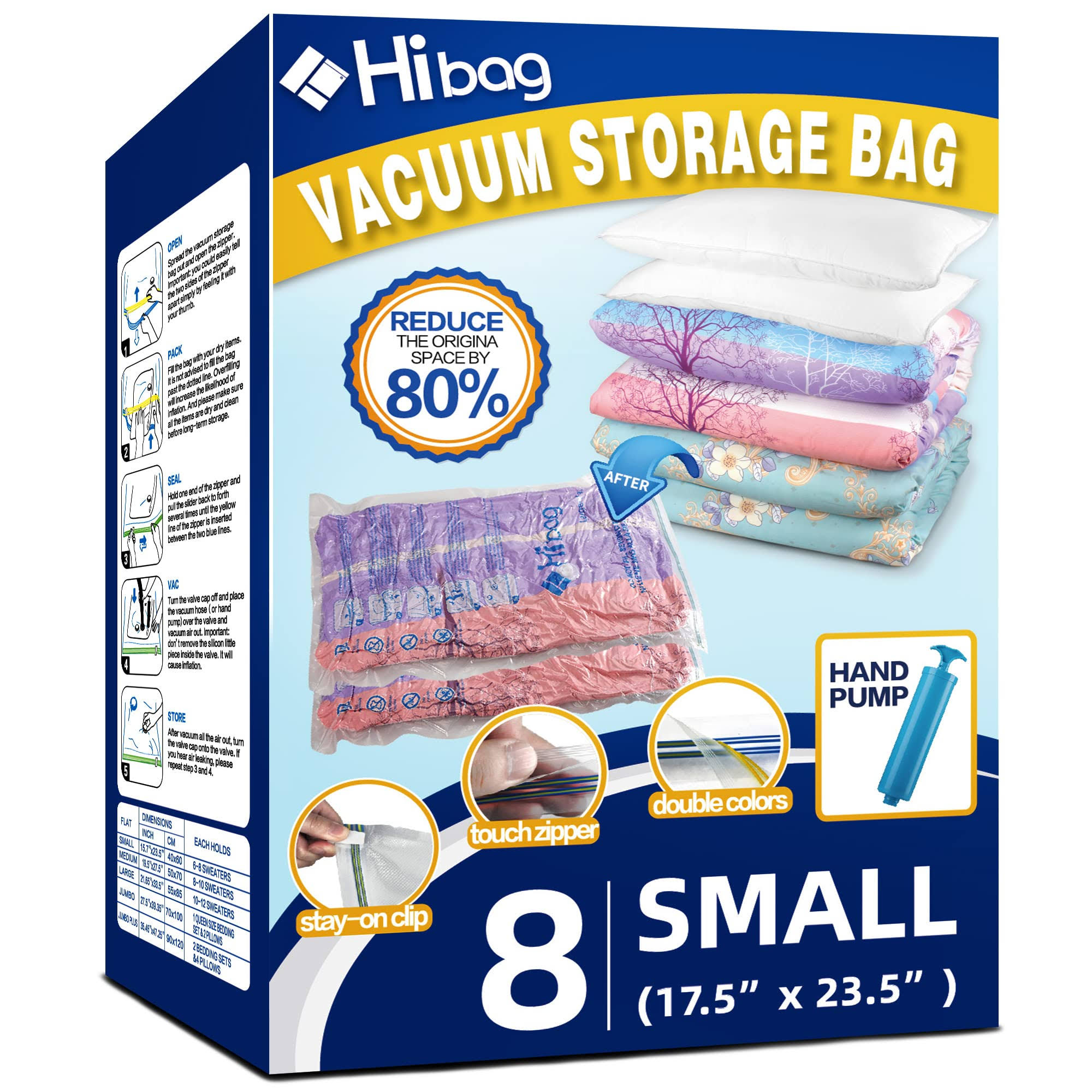 Hibag 8 Small Vacuum Storage Bags for Clothes, Travel Space Saver Bags, Hand-Pump Included, Clear (8-Small)