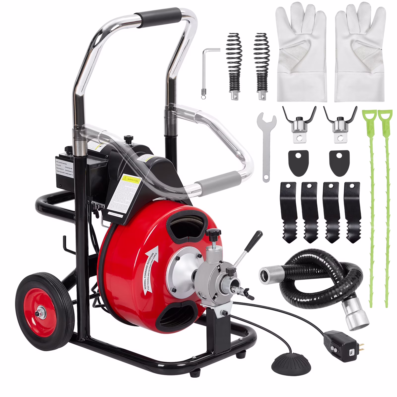 Drain Cleaner Machine 50FT/75FT/100FT x 3/8-inch/1/2-inch Sewer Auger Electric Drain Auger Sewer Snake with 4 Cutter, Air-Activated Foot Switch, Gloves(250W-50FT-1/2inch) - Image 3
