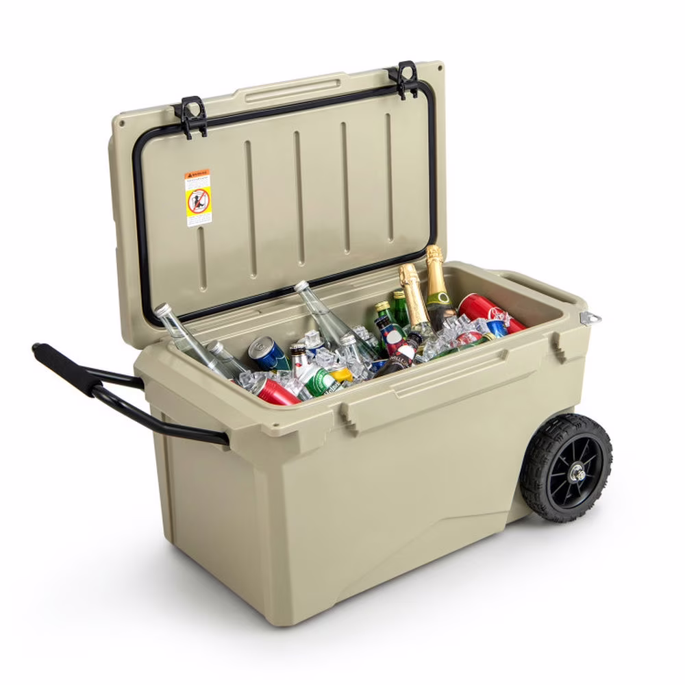 Refrigerator Freezer, Fridge,75 Quart Portable Cooler Rotomolded Ice Chest with Handles and Wheels-Tan