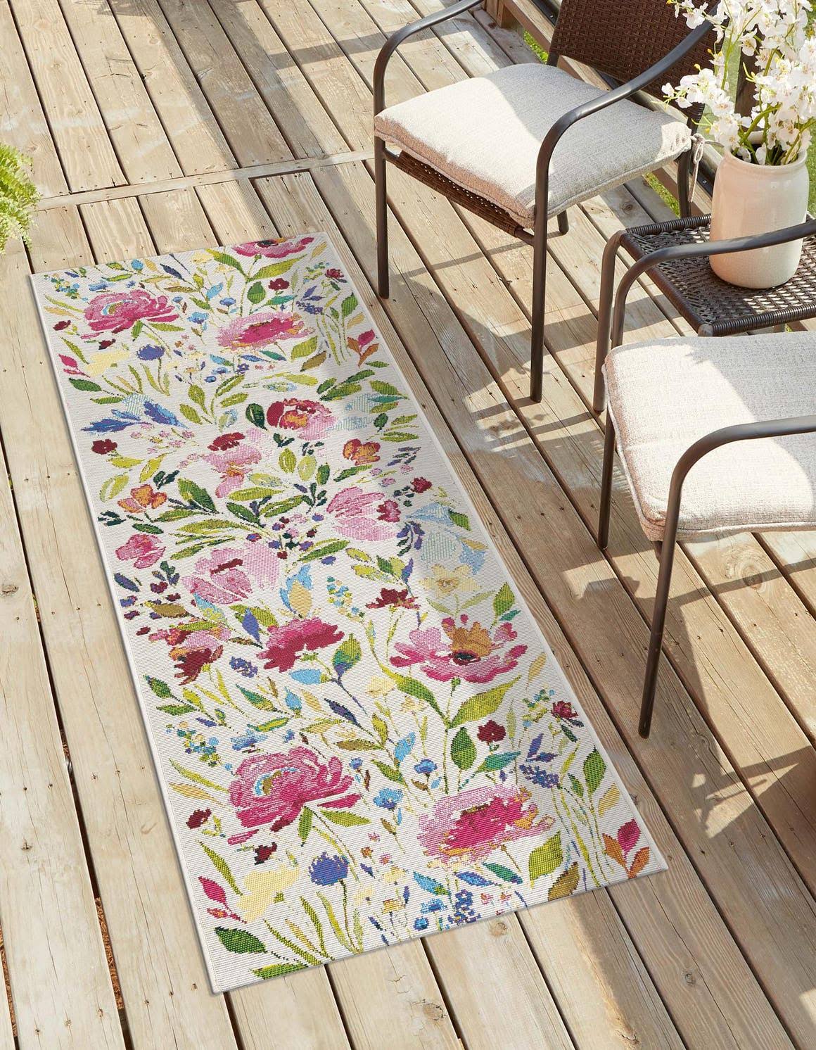 Outdoor Botanical 12 ft Runner Colorful Area Rug Indoor Outdoor Rug