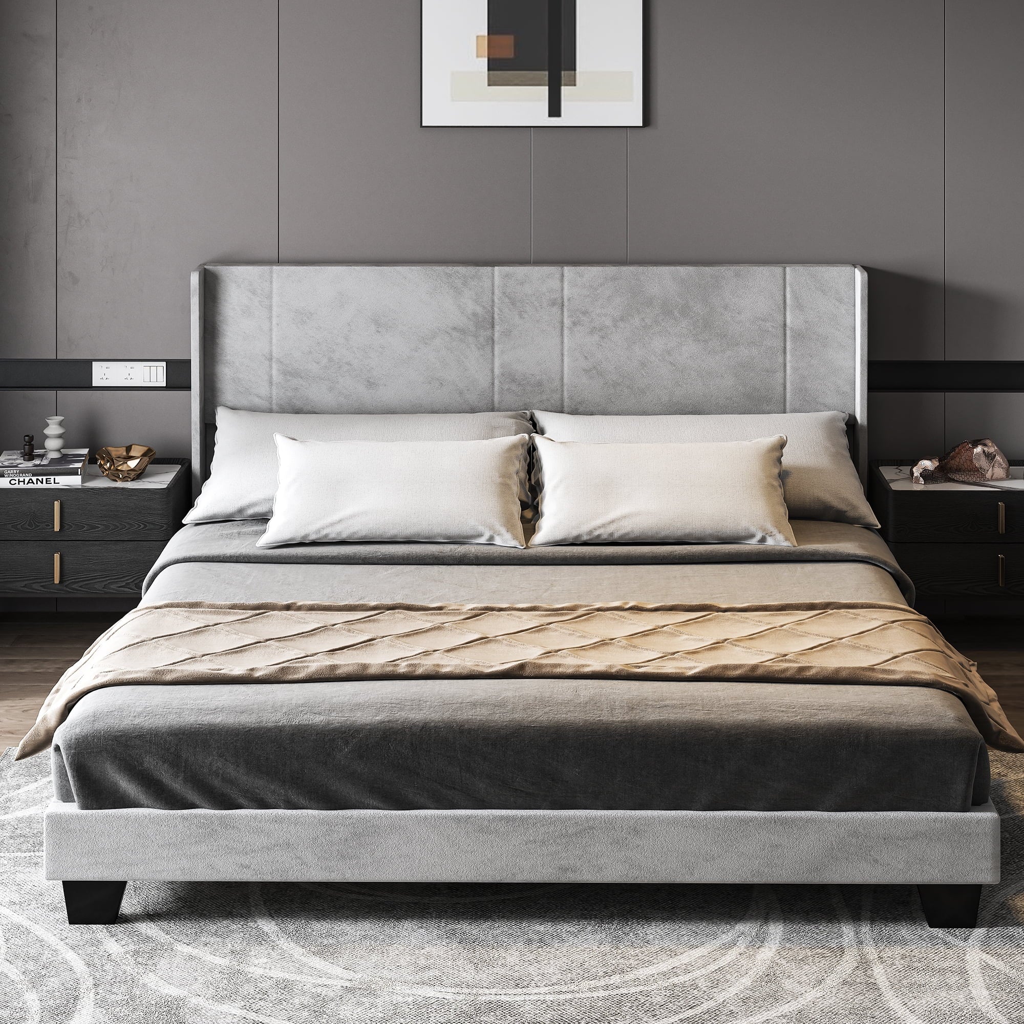 Upholstered Wingback Platform Bed with Gray Velvet Headboard, Bed Frame with Wood Slat / No Box Spring Needed / Mattress Foundation, Full