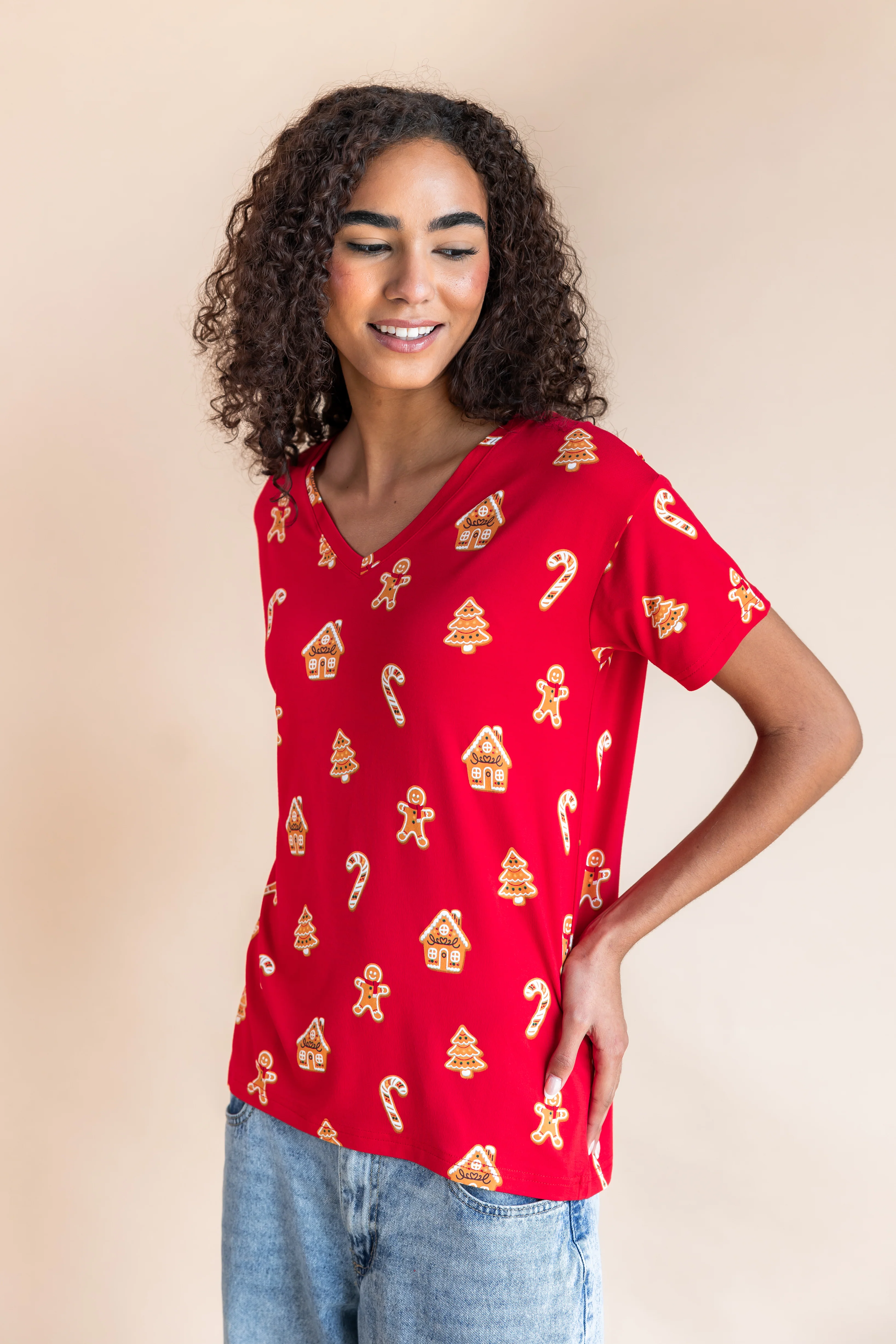 Women's Oversized V-Neck Tee in Gingerbread