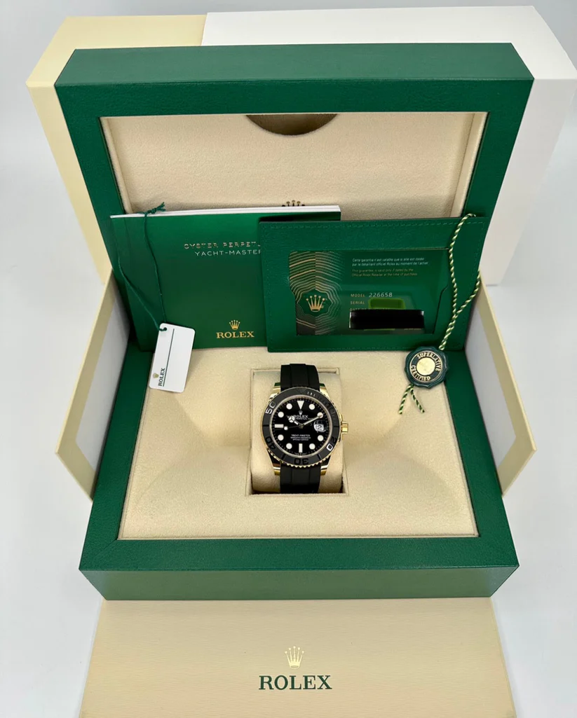 [Super Clone]RLX Yacht-Master 42mm Yellow Gold  Watch - Black Dial - Rubber Strap 226658
