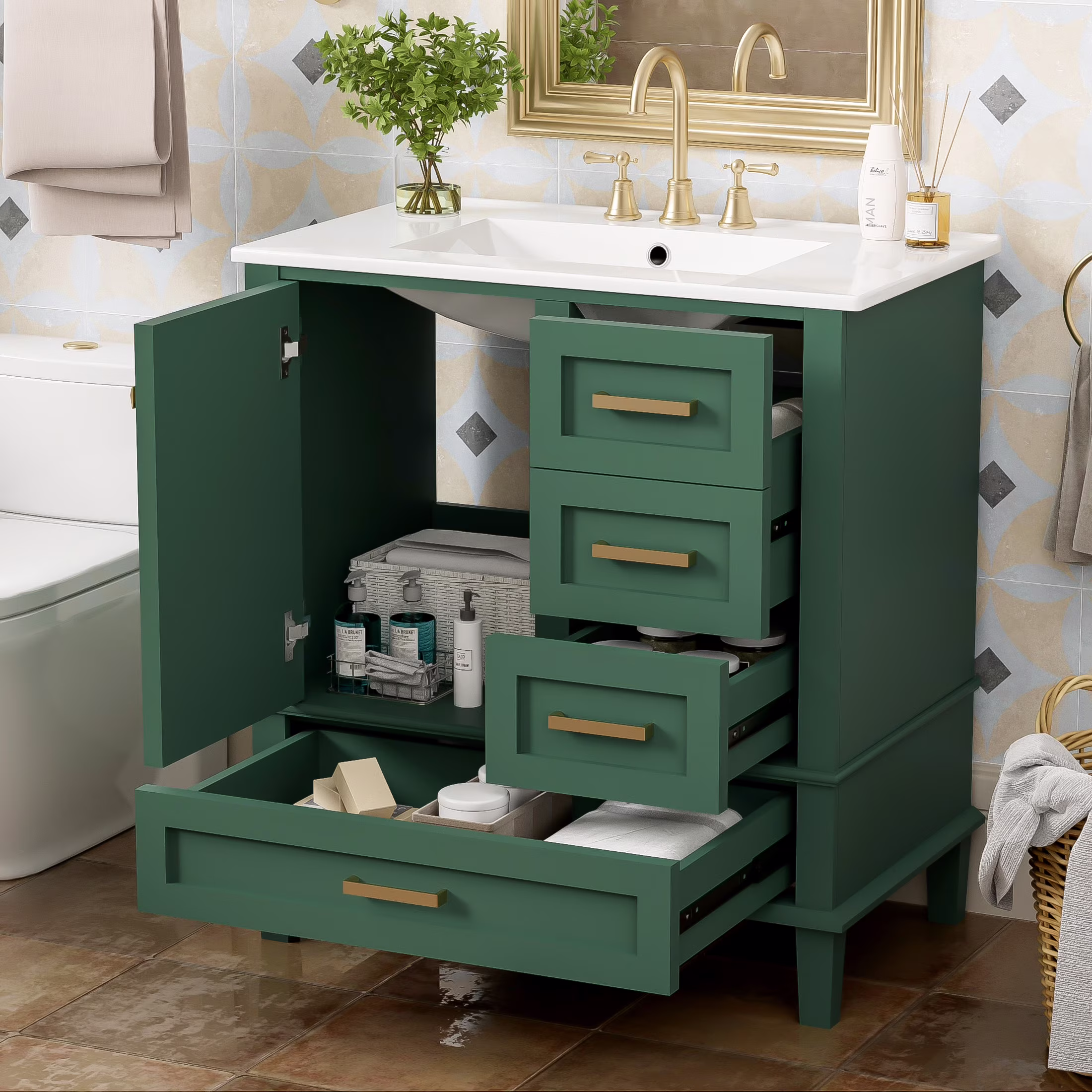 Modern Bathroom Vanity with Ceramic Sink, Shelves, Drawers, Wood, Green(Green)