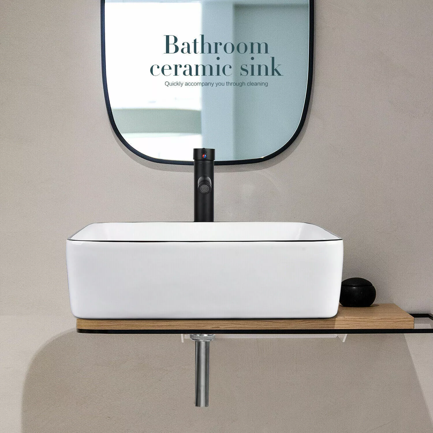 Bathroom Ceramic Sink Vanity Vessel Basin Porcelain Faucet Drain Combo Rectangle,White(Style A) - Image 6