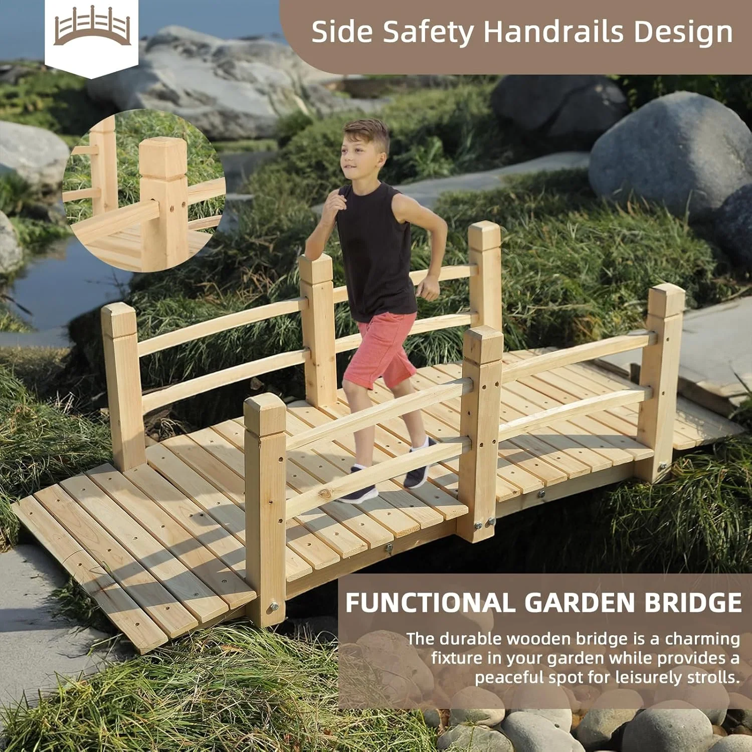 Classic Wooden Garden Bridge �C Arch Footbridge with Safety Railings