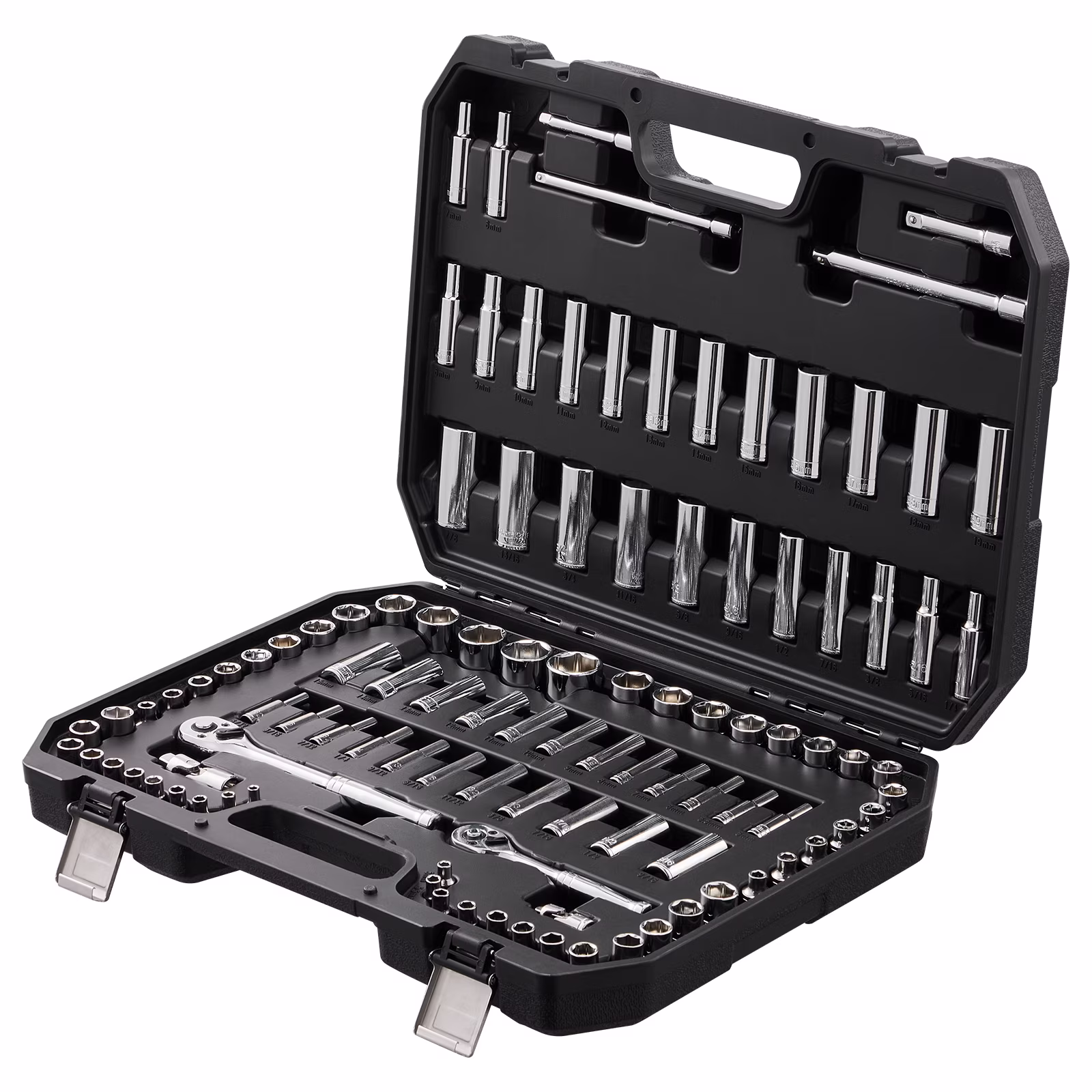 SKYSHALO Socket Set, 1/4 and 3/8 Drive Socket and Ratchet Set, 6-Point Socket Opening, 106 Pcs Tool Set SAE and Metric, Deep and Standard Sockets, 5/32-1 in, 5-19 mm for Auto Repairing & Household