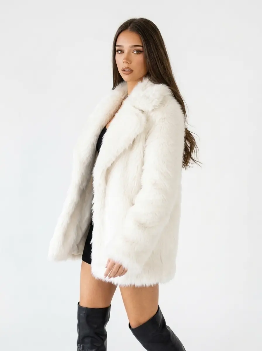 Woman wearing a white faux fur coat in a three-quarter view
