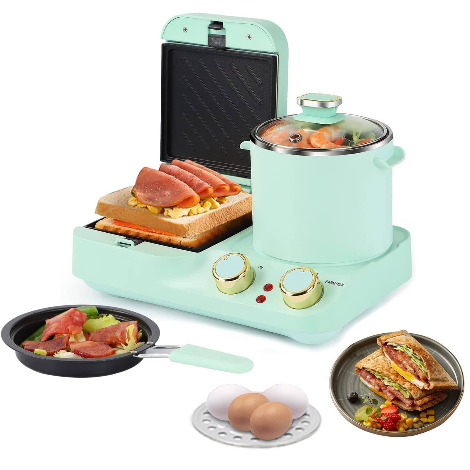 Mindore 3 in 1 Breakfast Station, Electric Retro Toaster Breakfast Machine Sandwich Maker with Detachable Non-Stick Coating Plate,Stockpot with Glass