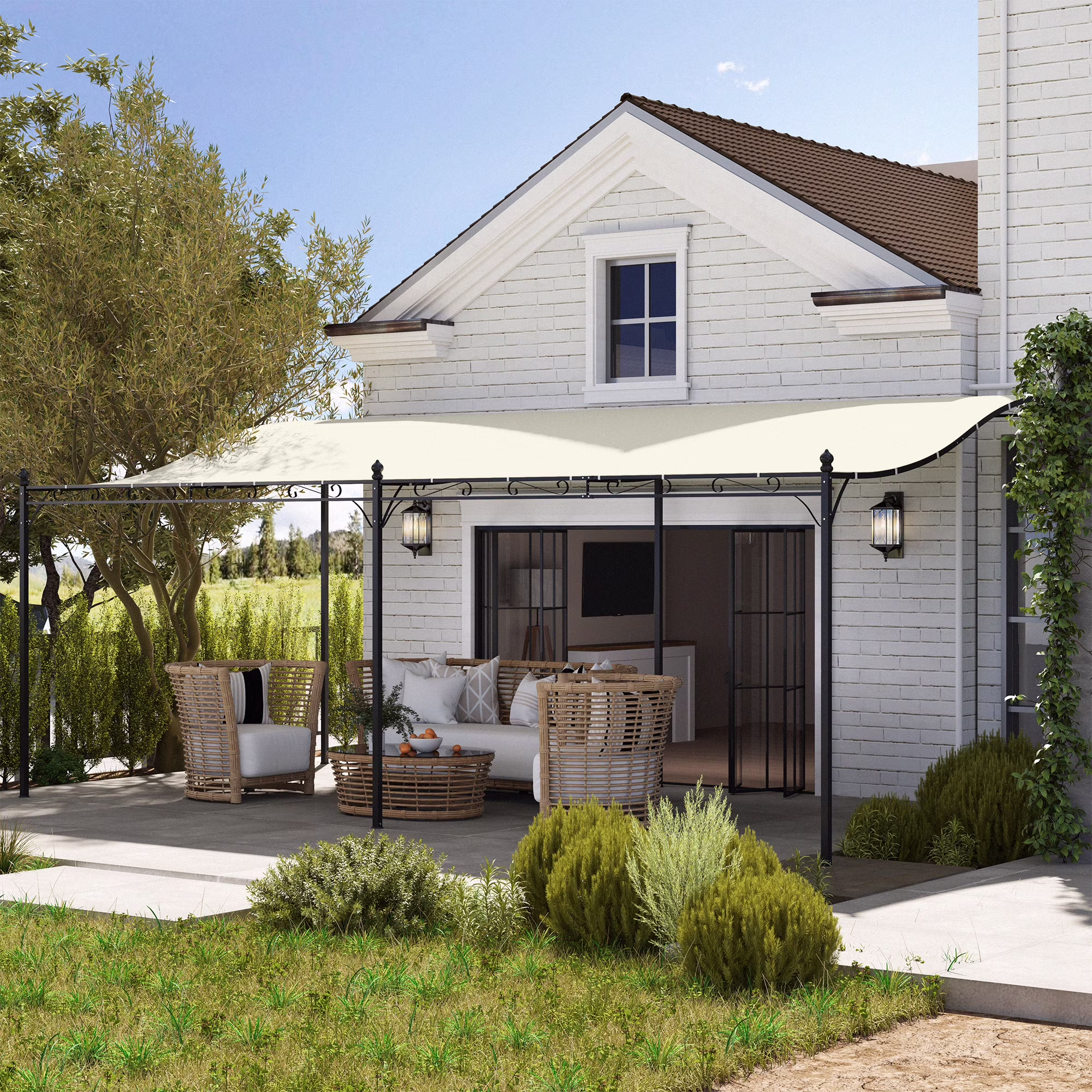 Outsunny 10' x 20' Outdoor Pergola Canopy, Wall-Mounted Metal Patio Canopy with Drainage Holes for Backyard Garden Porch, Cream White