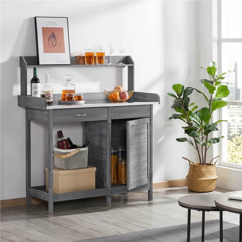 SmileMart Wooden Garden Potting Bench Table with Cabinet, Gray